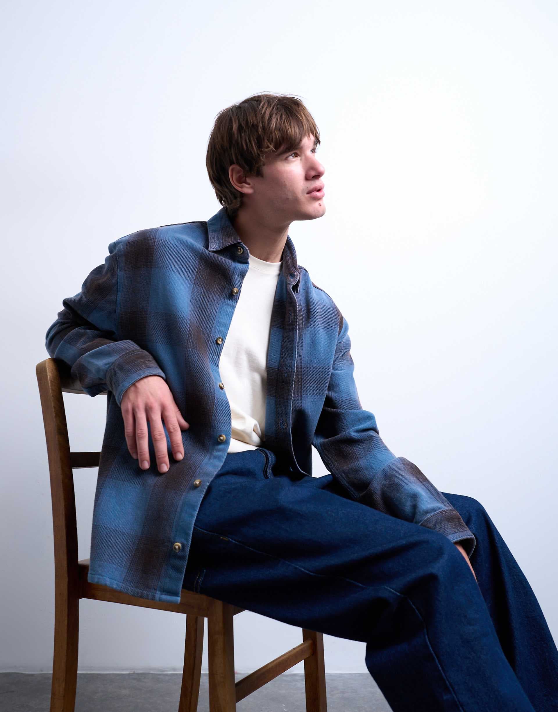 Topman relaxed fit washed plaid shirt in blue