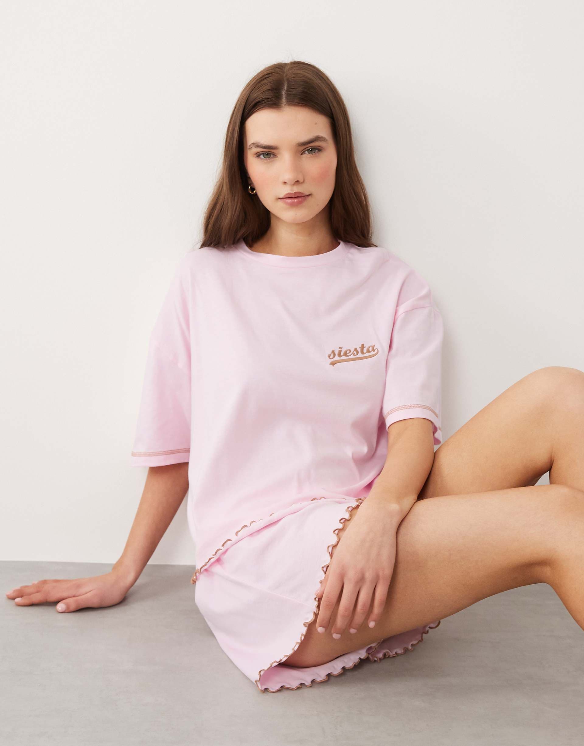 ASOS DESIGN embroidered siesta slogan short sleeve tee and shorts pajama set with lettuce edge in pink