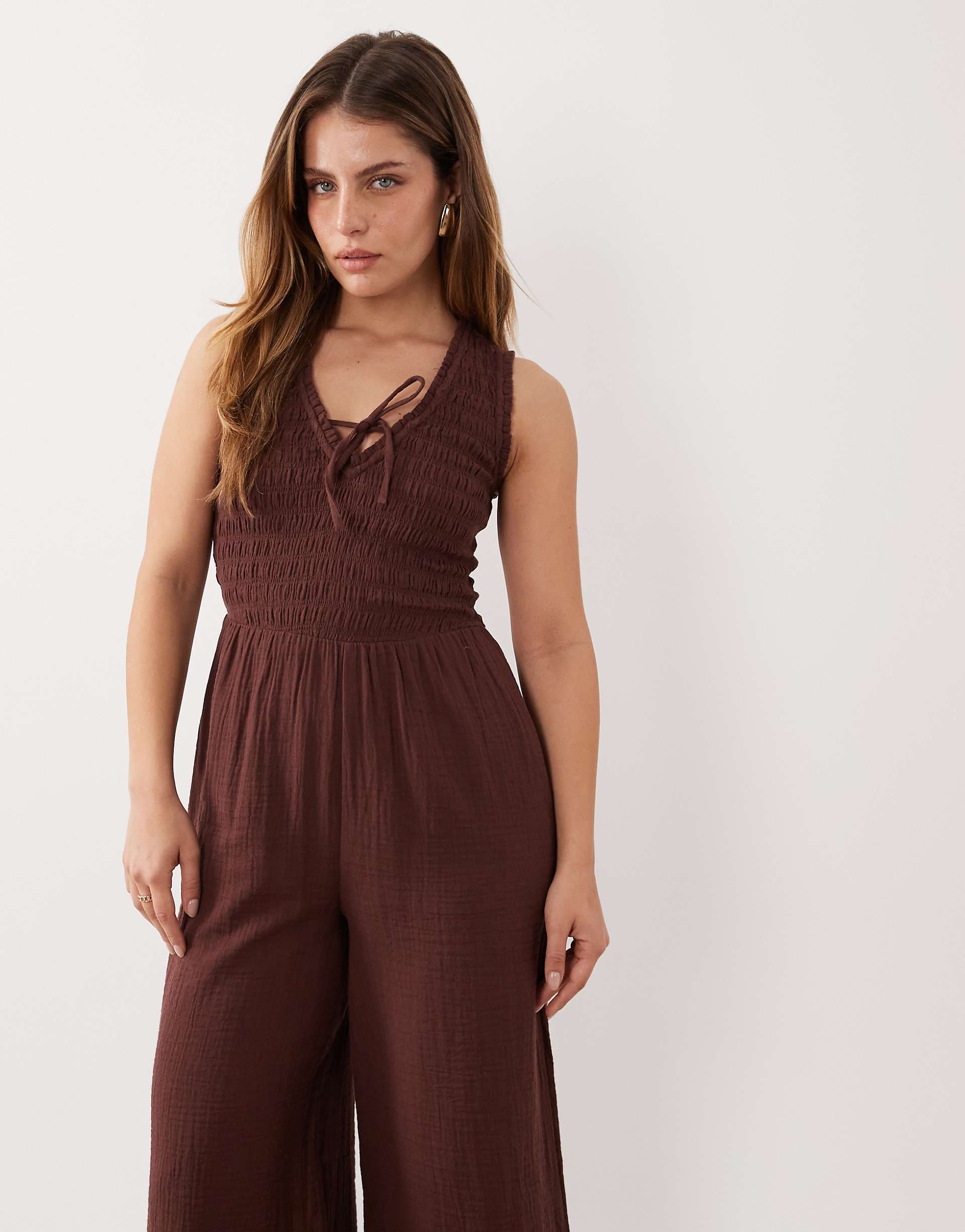 Nobody's Child Petite Jayda cotton rich shirred bodice v-neck sleeveless jumpsuit in brown