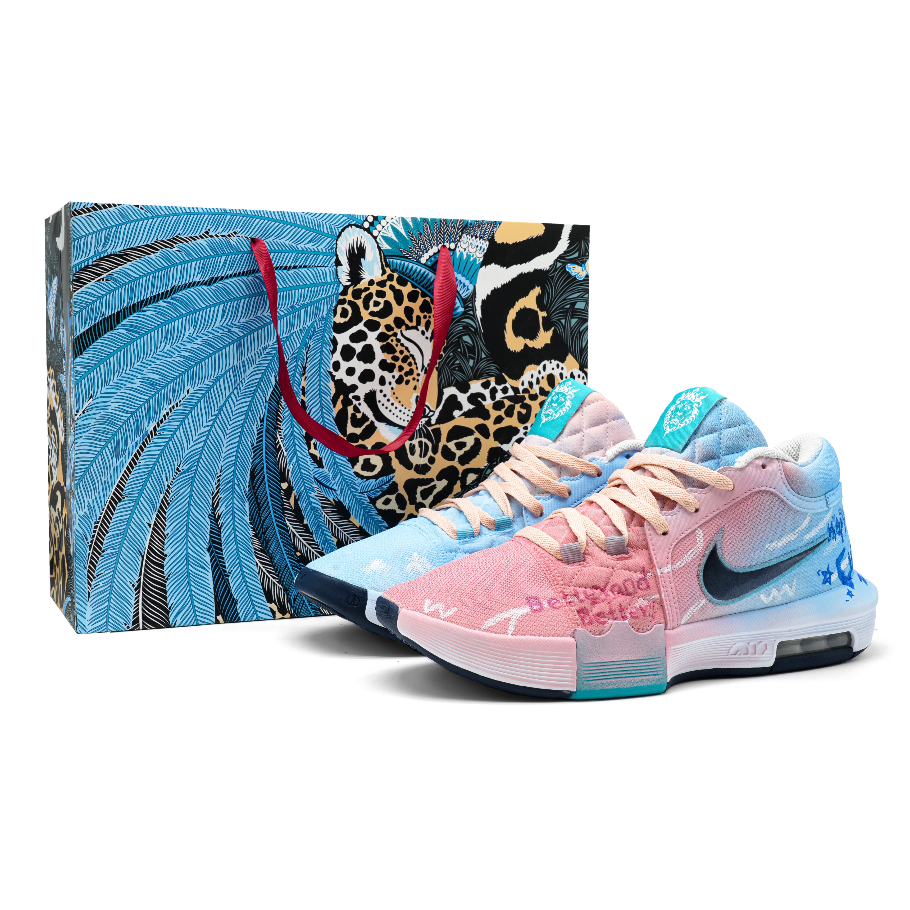 Custom Sneakers Nike Witness 8 Island Diary Gradient Graffiti Versatile Comfortable Gift Bag Edition Cushioned Lightweight Low-Top Basketball Shoes Men's Blue Pink