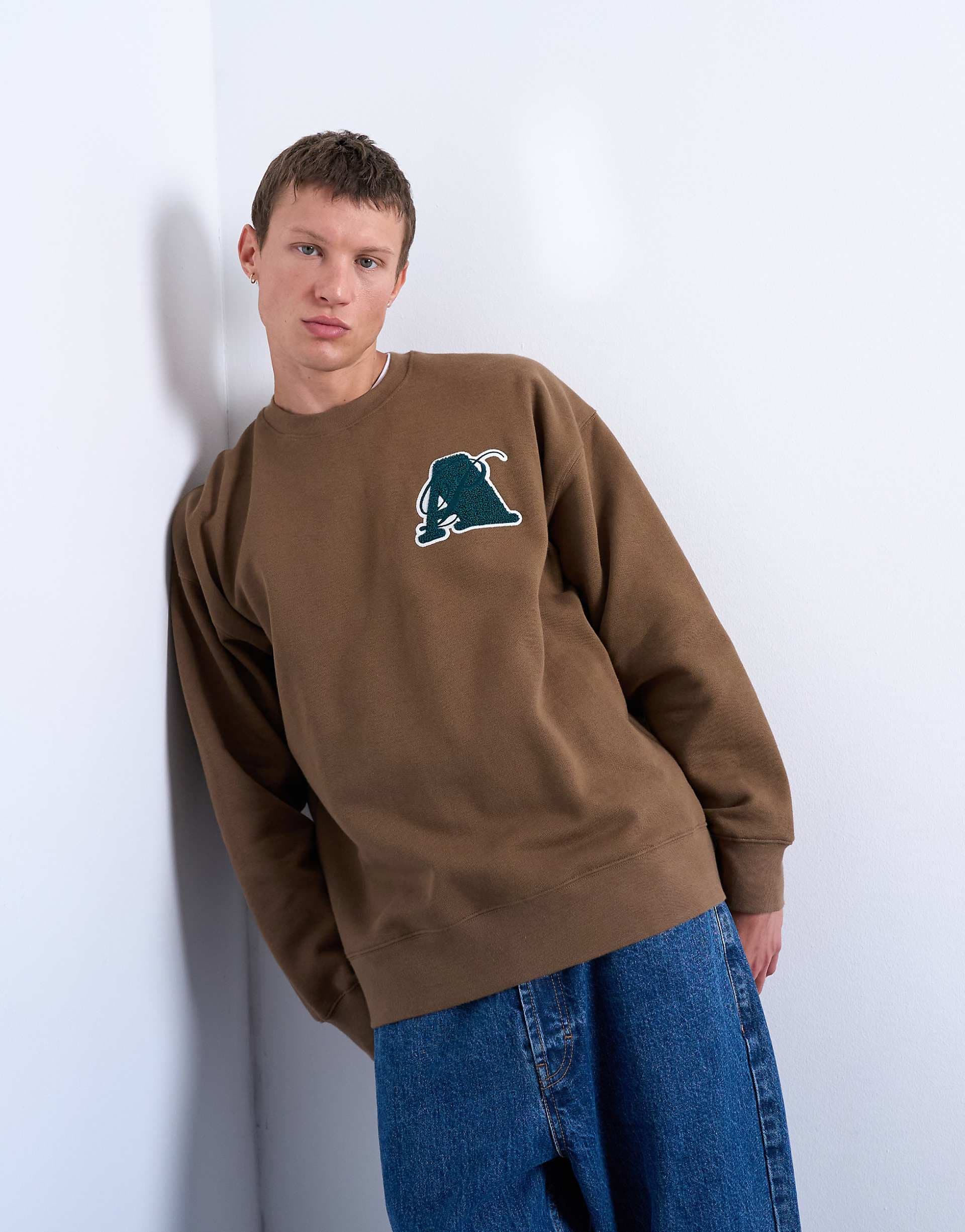 Topman oversized fit sweatshirt with letter embroidery in brown