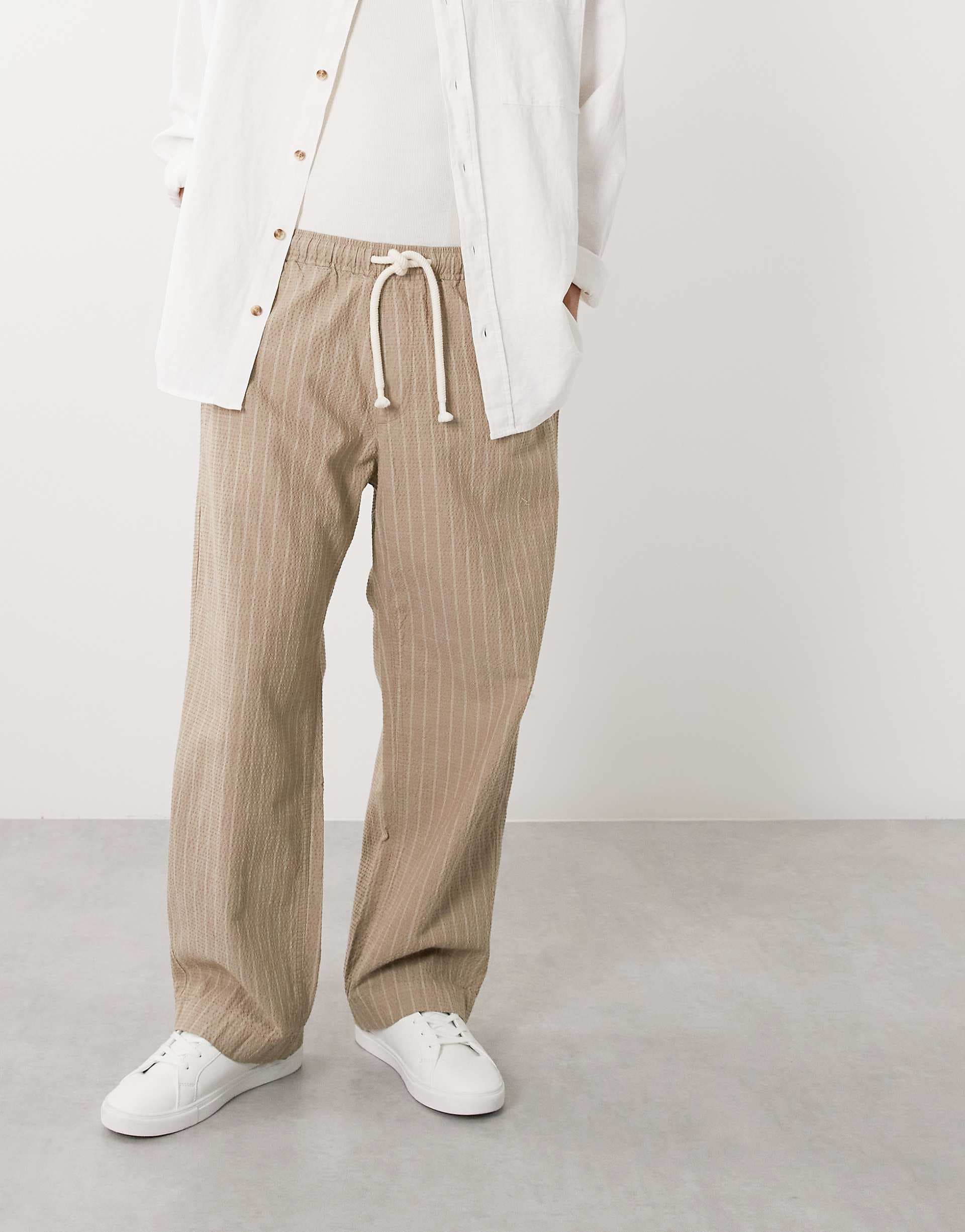 Abercrombie & Fitch cotton rich baggy pull on seersucker pants in beige stripe