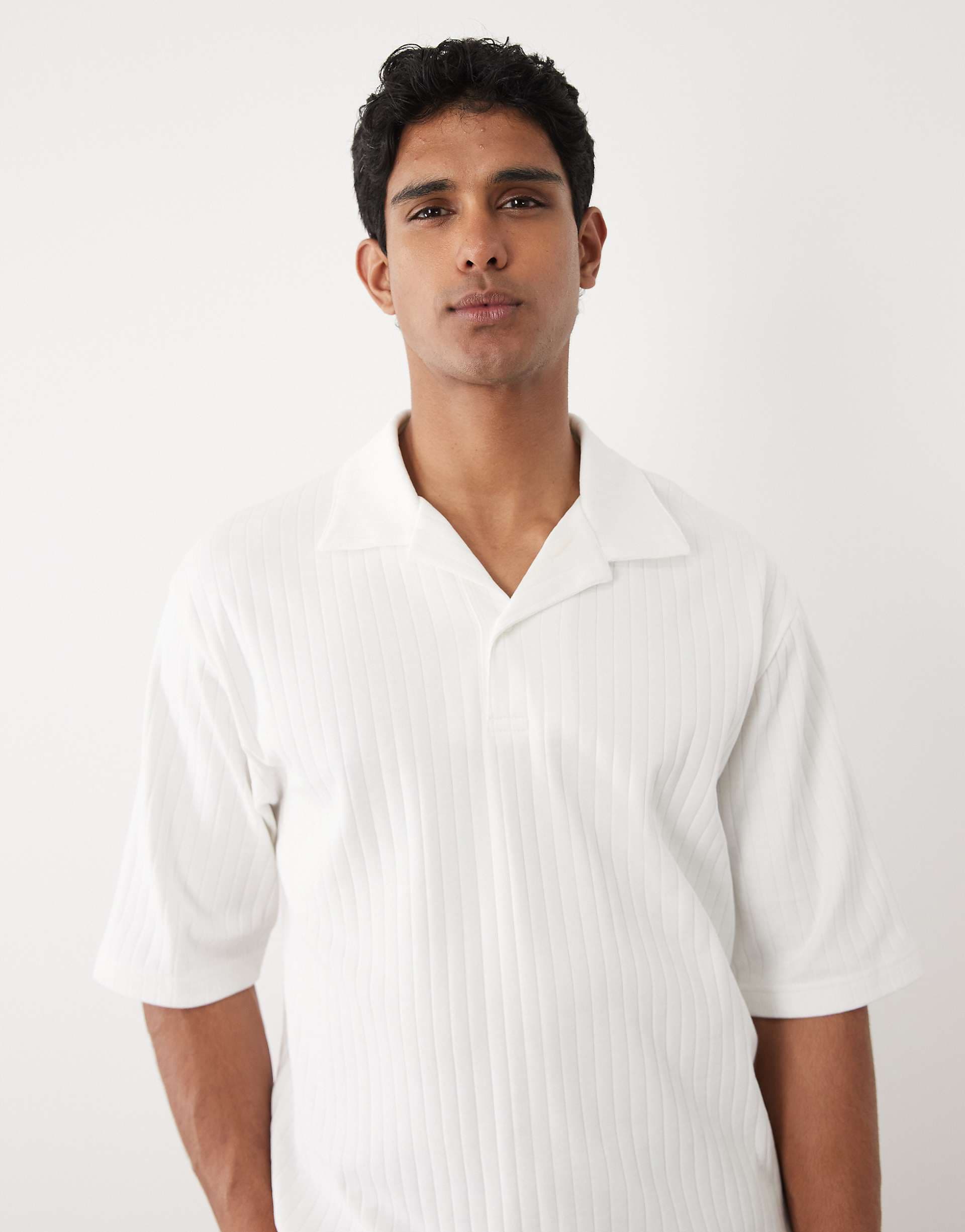 ASOS DESIGN heavyweight relaxed polo with half sleeves in white wide rib