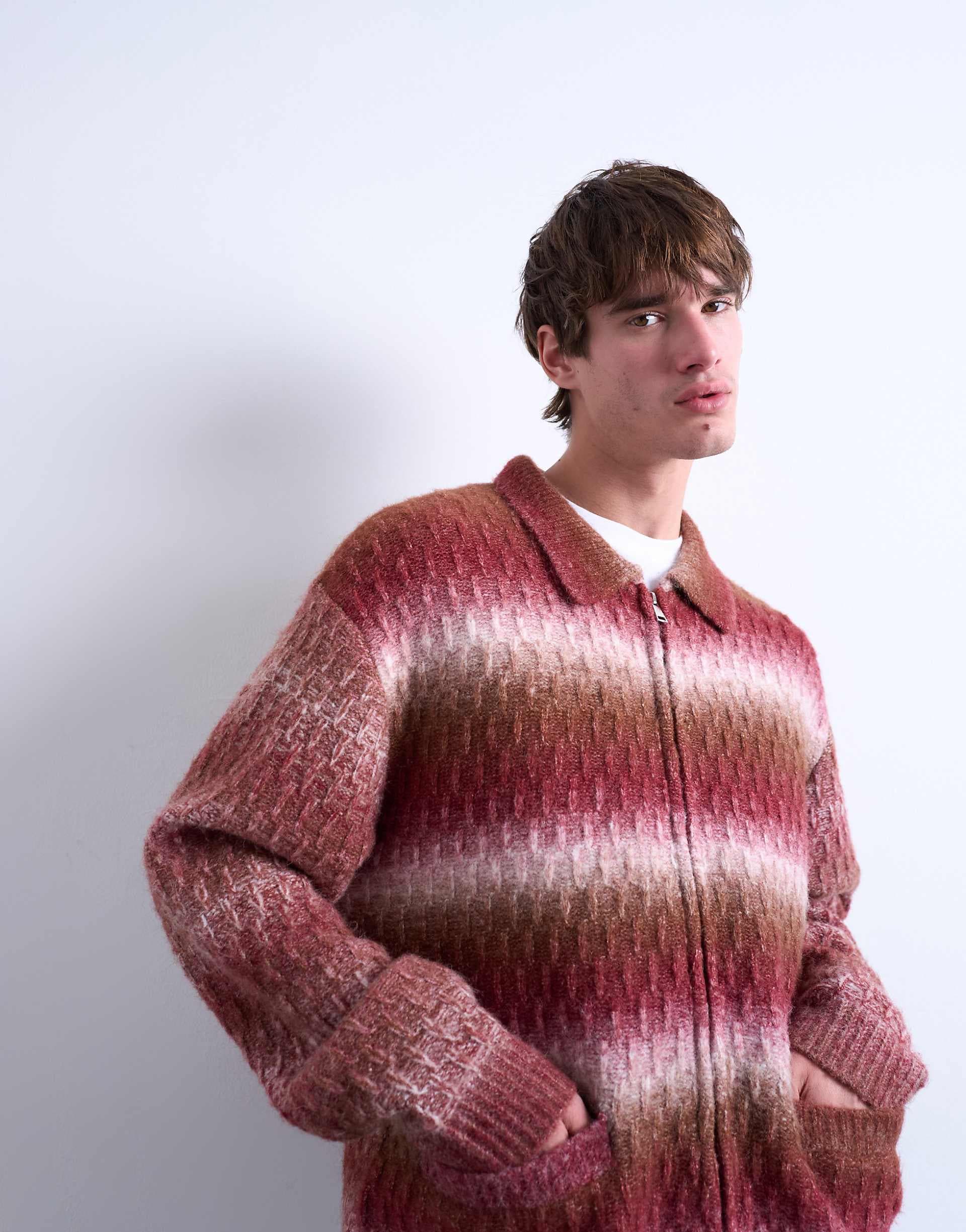 Topman knit wool blend zip up cardigan in brown