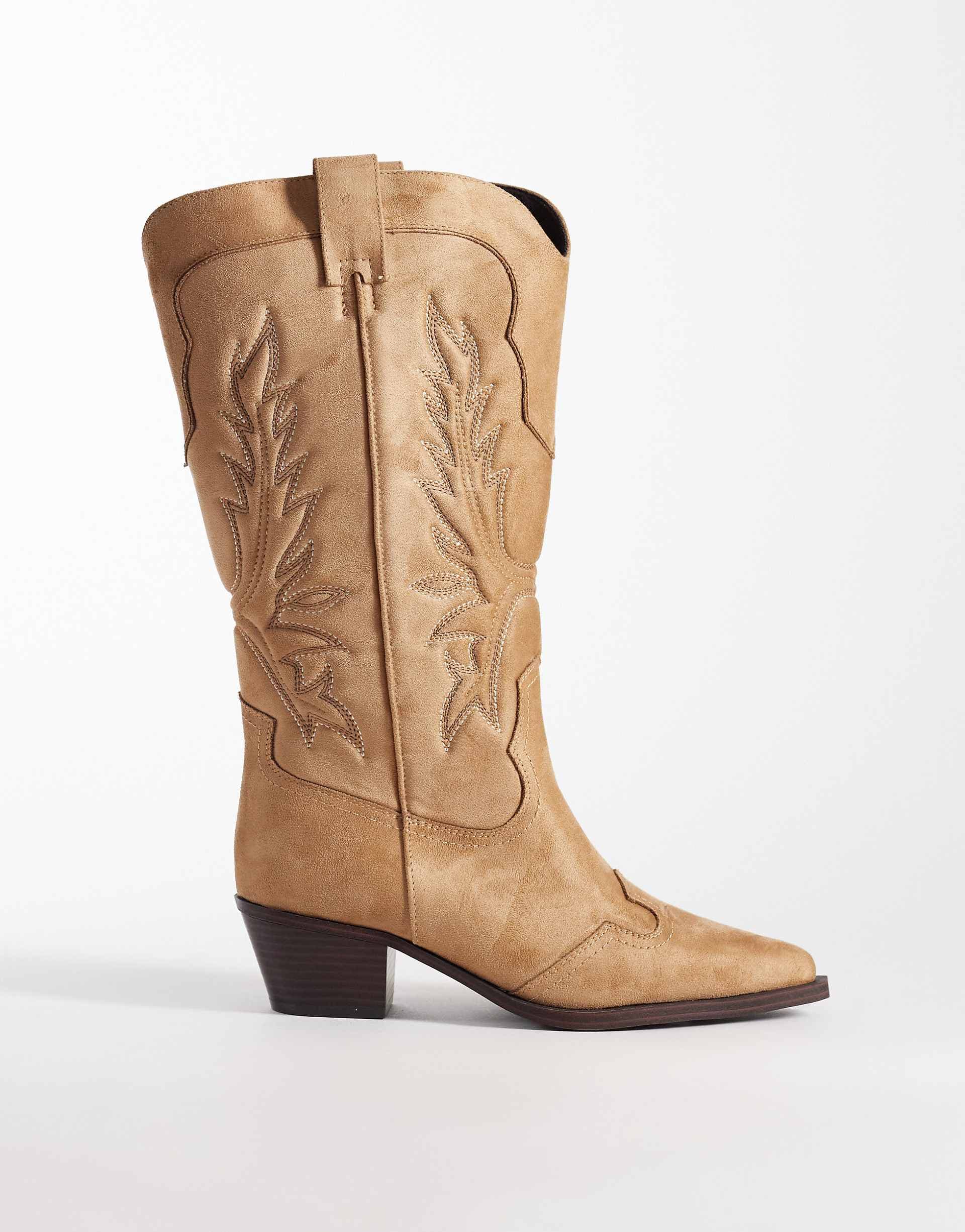 ASOS DESIGN Curve Celestine flat western knee boots in taupe suedette