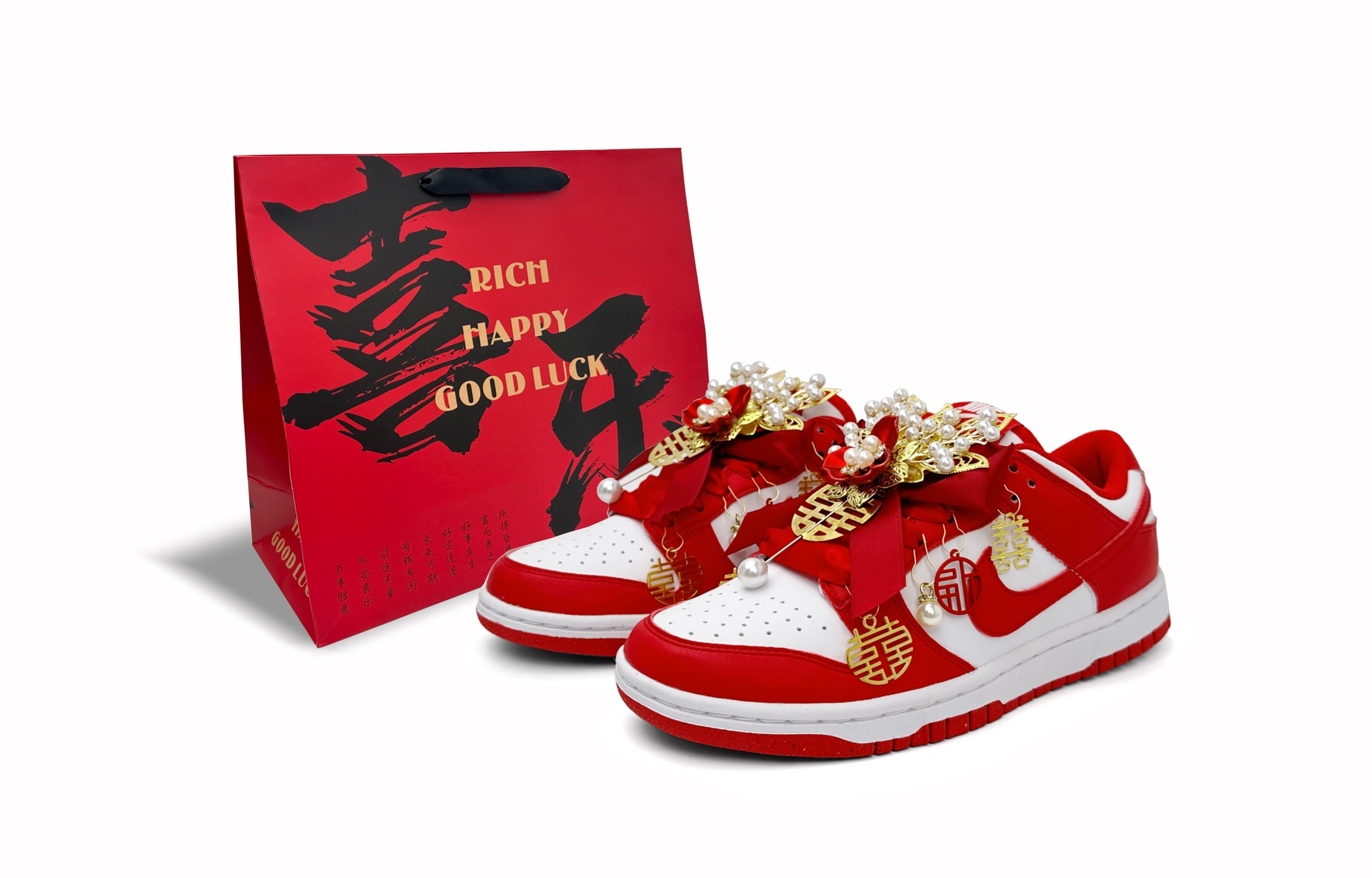 Custom Sneakers Nike Dunk Pearl Charm Red Joy New Chinese Style Chinese Style Gift Box Chinese Street Style Xiuhe Wedding Bliss Festive Daily Detachable High Street Trendy Low-Top Skate Shoes Women's Red White