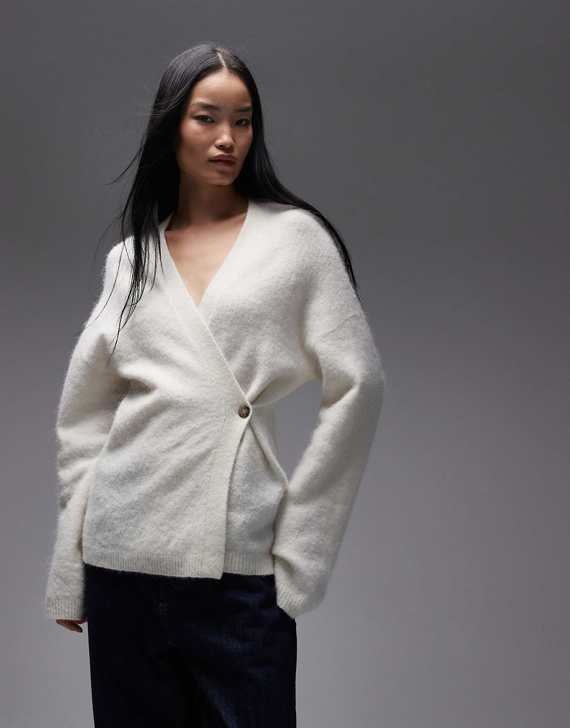 ARKET asymmetric fluffy wrap cardigan in off white