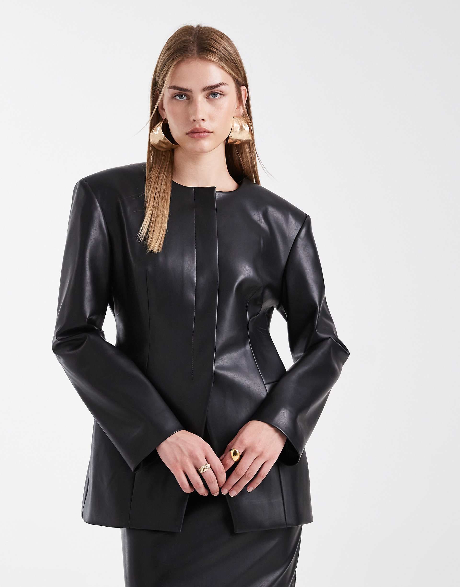 ASOS DESIGN faux leather cinch collarless blazer in black