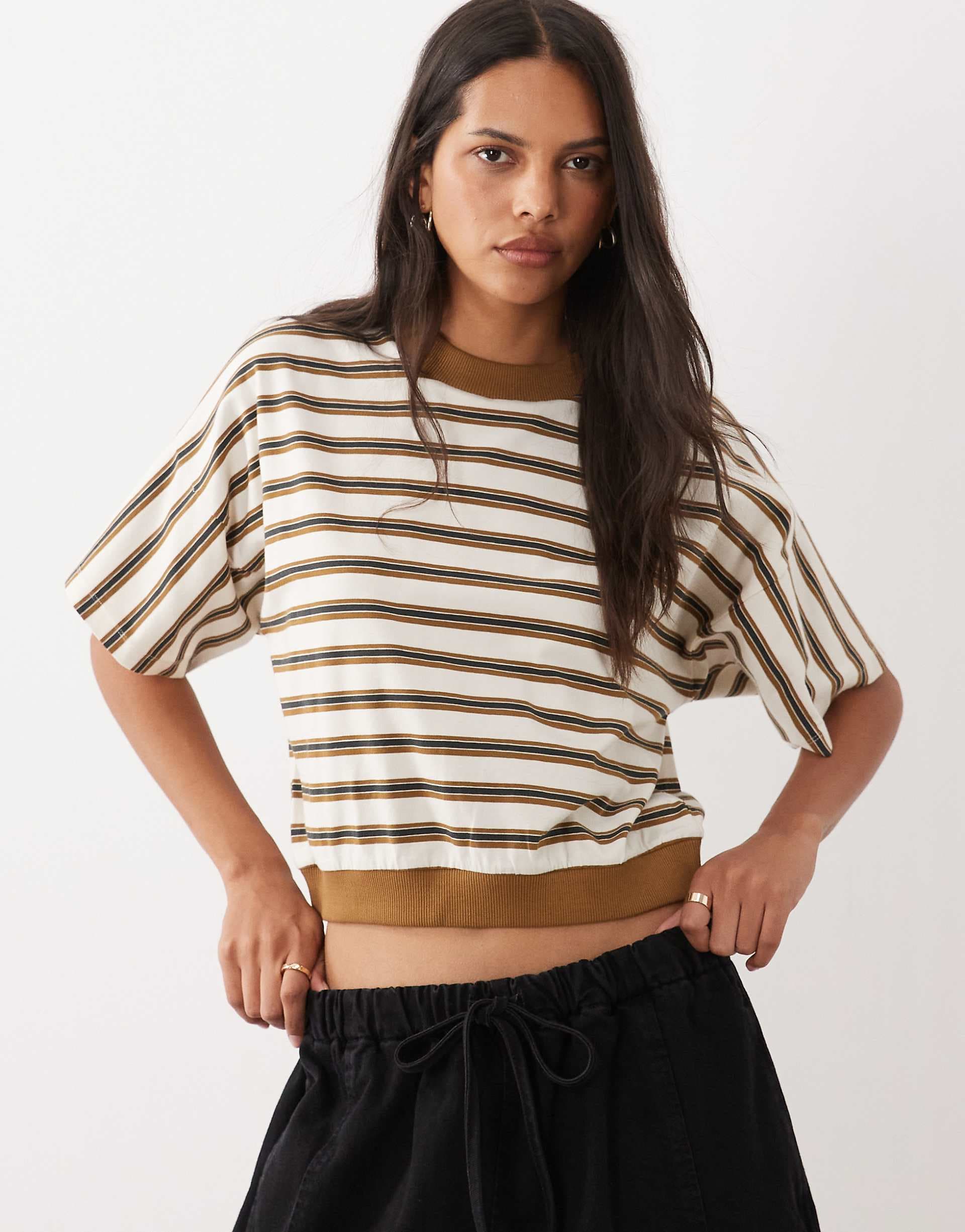 ASOS DESGIN striped T-shirt with contrast neck in khaki