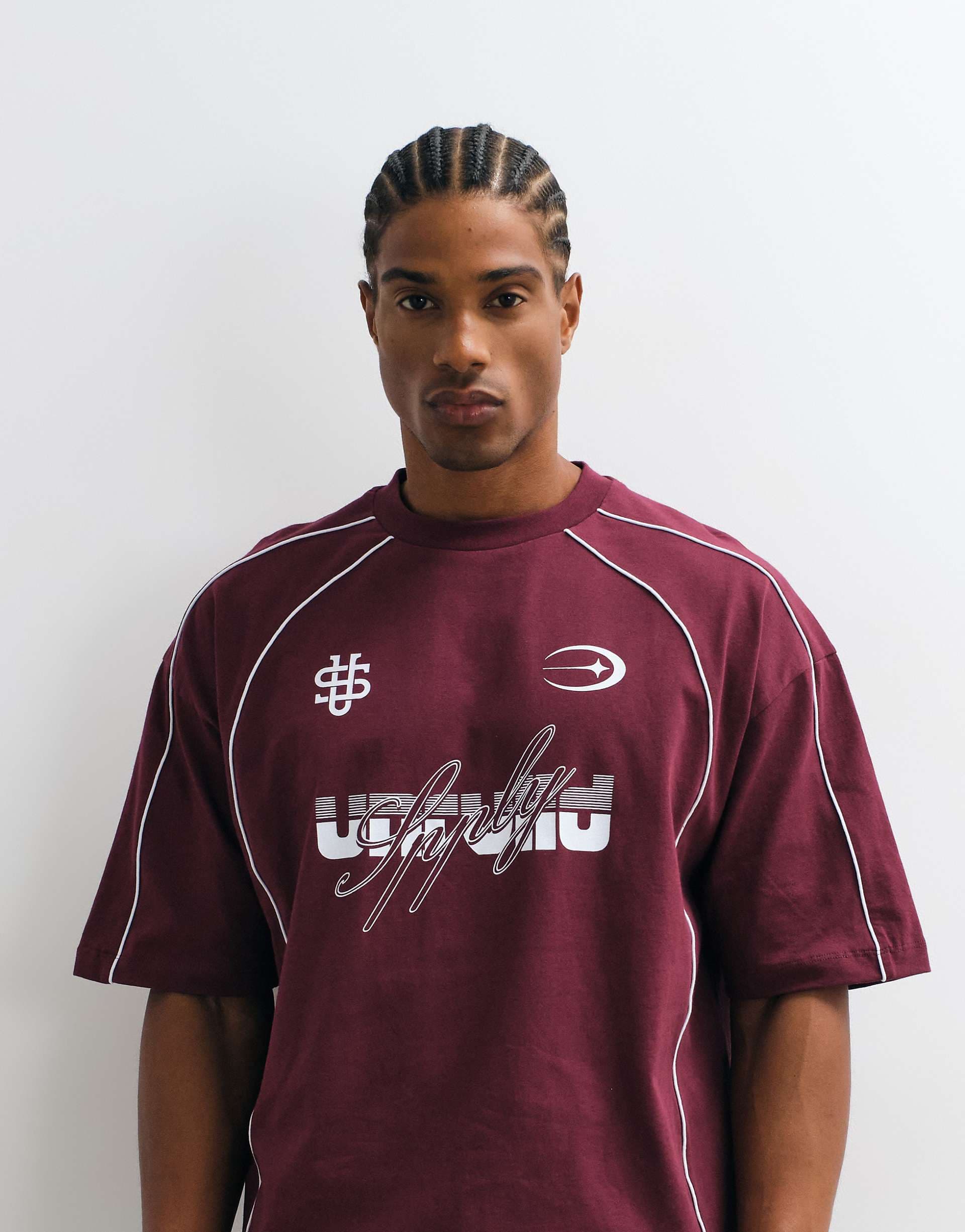 ASOS DESIGN boxy oversized T-shirt with print and contrast piping in burgundy