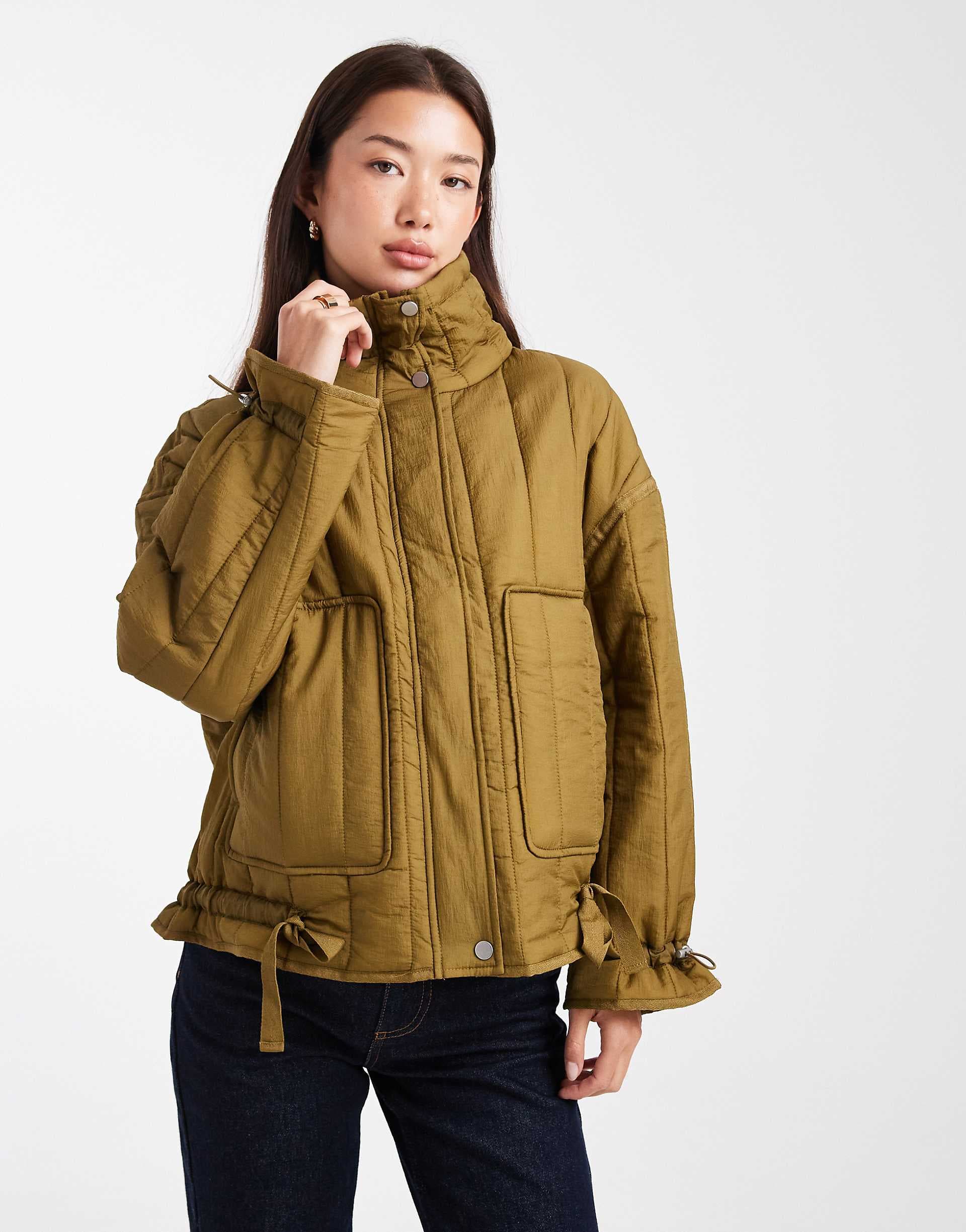 ONLY tie detail quilted funnel neck coat in olive