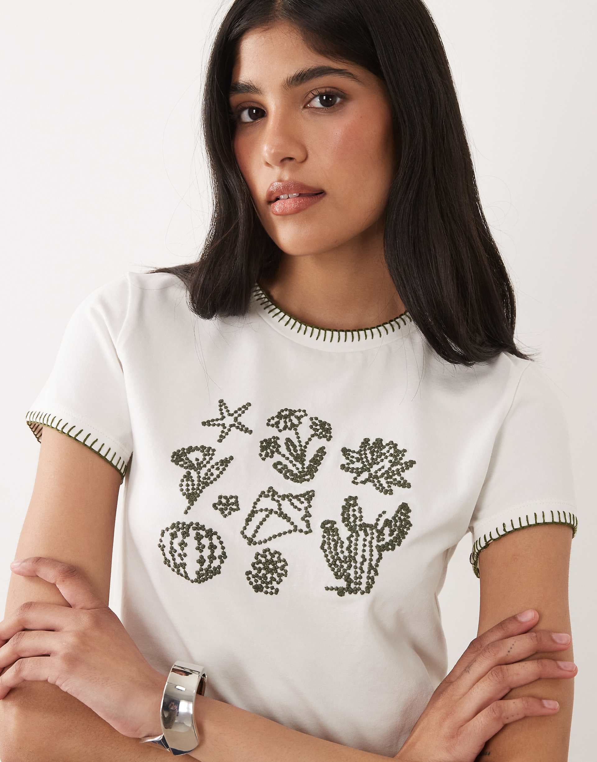ASOS DESIGN blanket stitch baby tee with beach embroidery in white