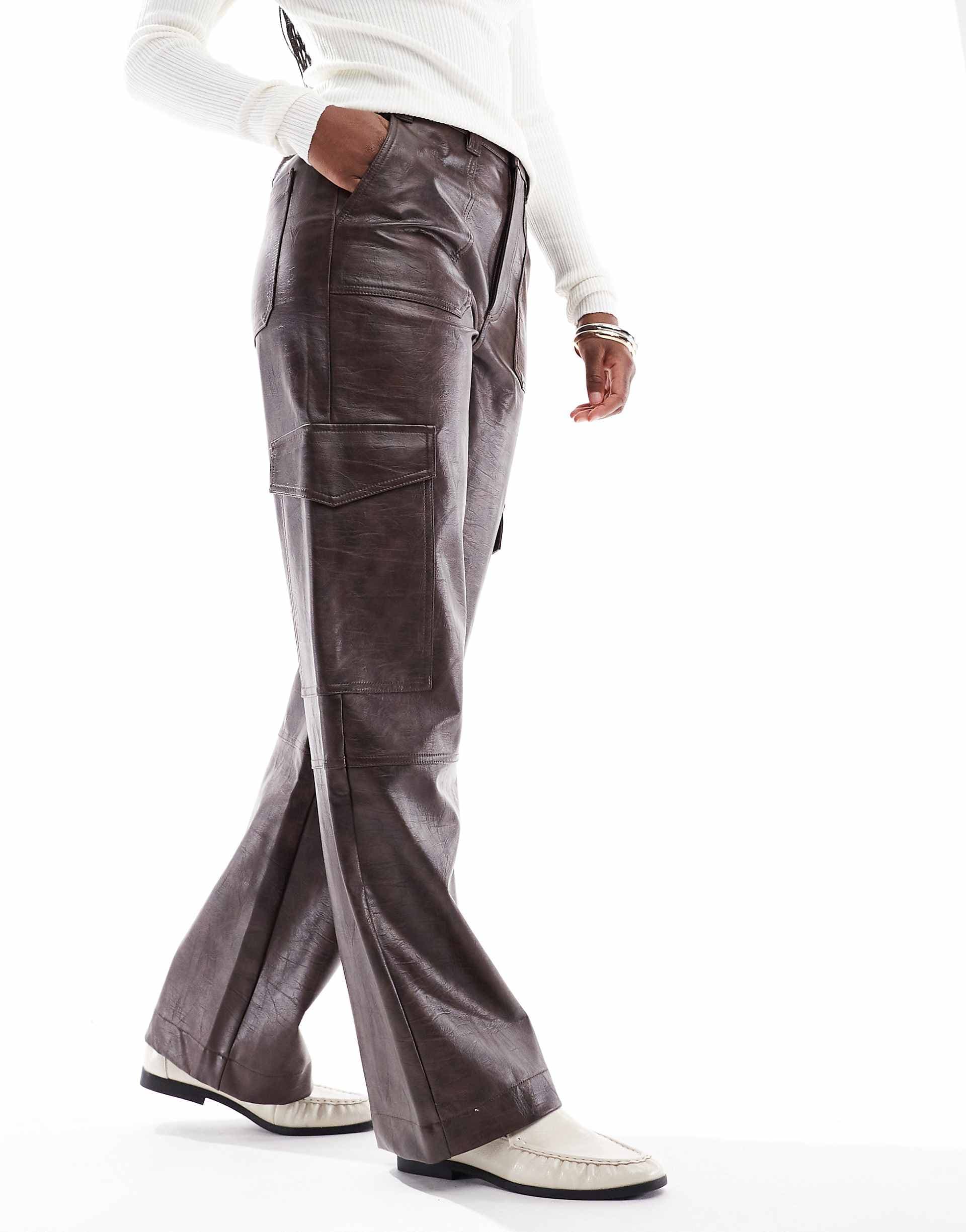 ASOS DESIGN cargo utility pants in faux leather in washed chocolate