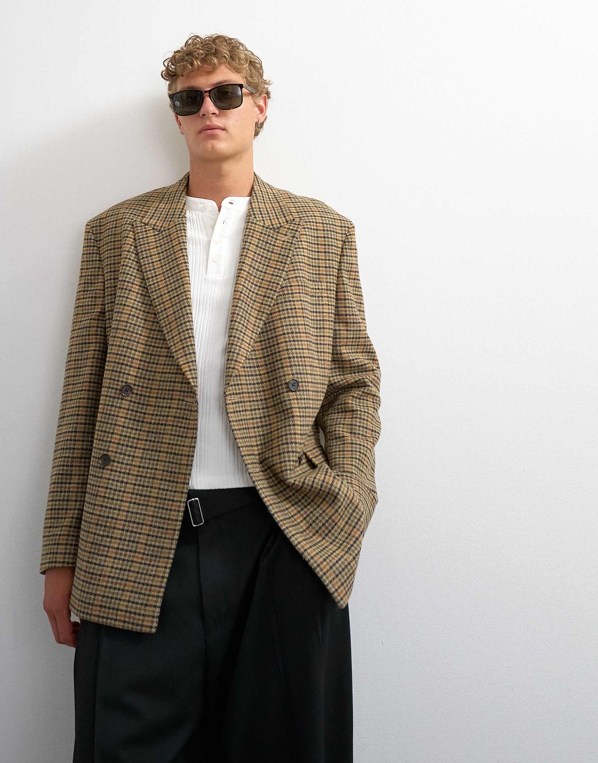 Topman oversized fit textured plaid double breasted blazer with wool blend in brown