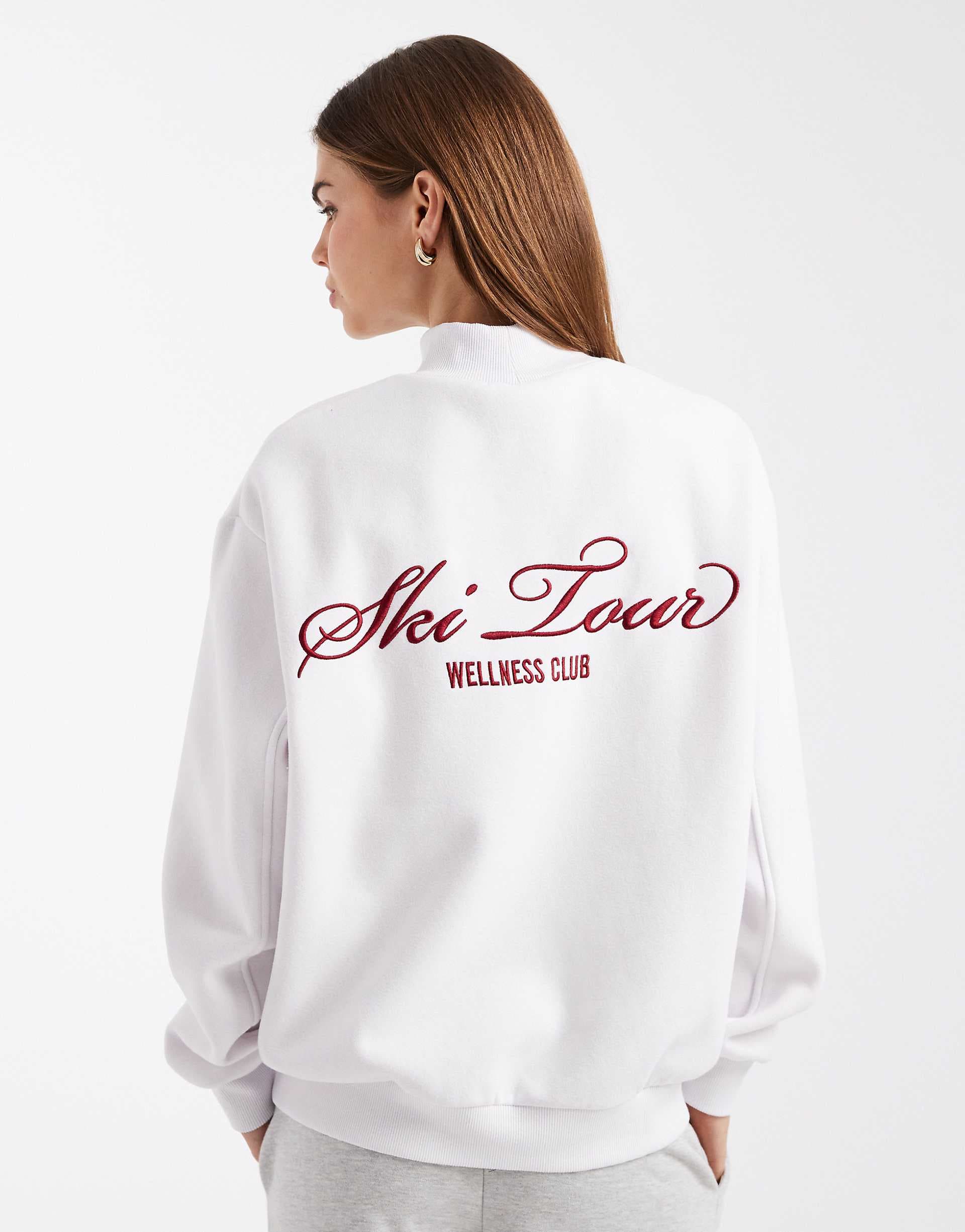 Cotton On plush mock neck sweatshirt with ski tour graphic in white