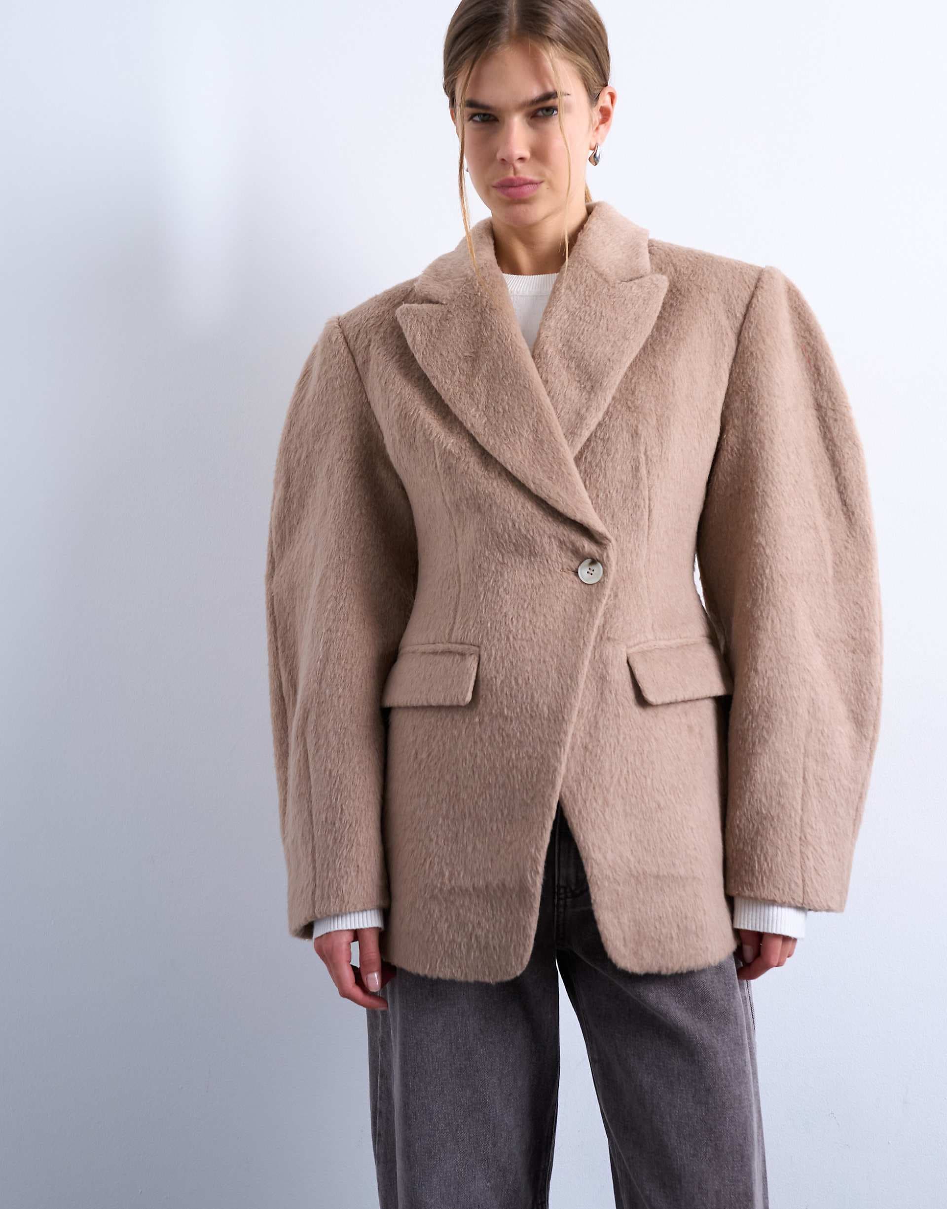 Topshop brushed ovoid sleeve cinched waist blazer coat in camel