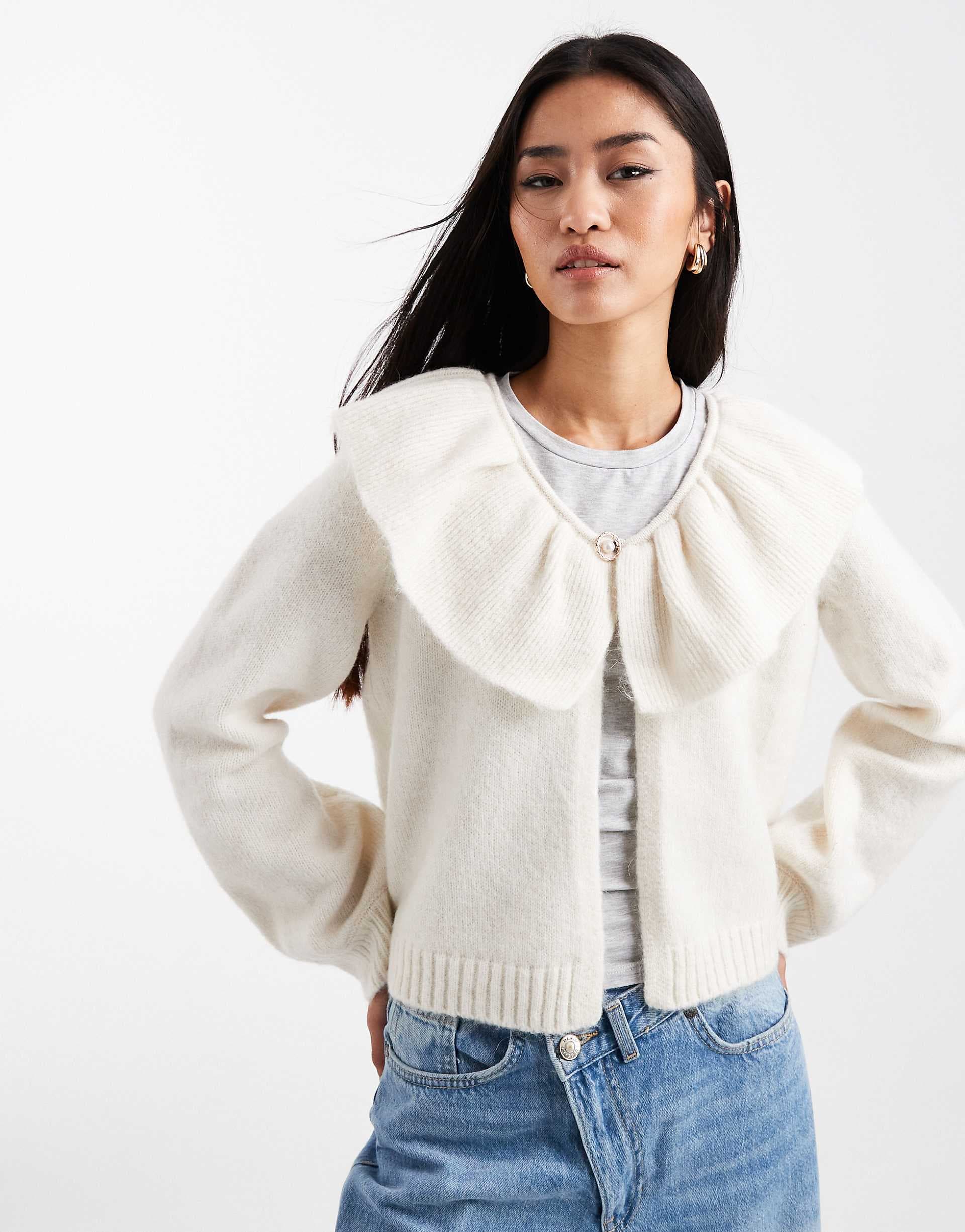 Object premium ruffle and faux pearl button detail cardigan in cream