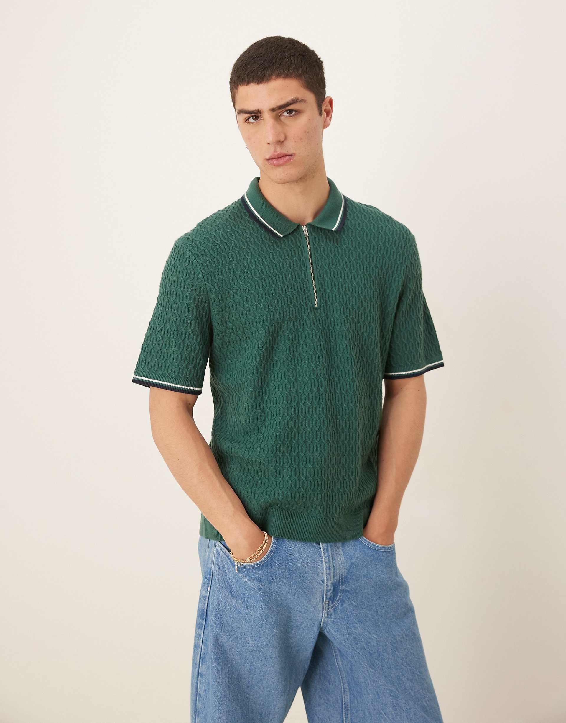 Abercrombie & Fitch knit half zip polo top with contrast binding in green