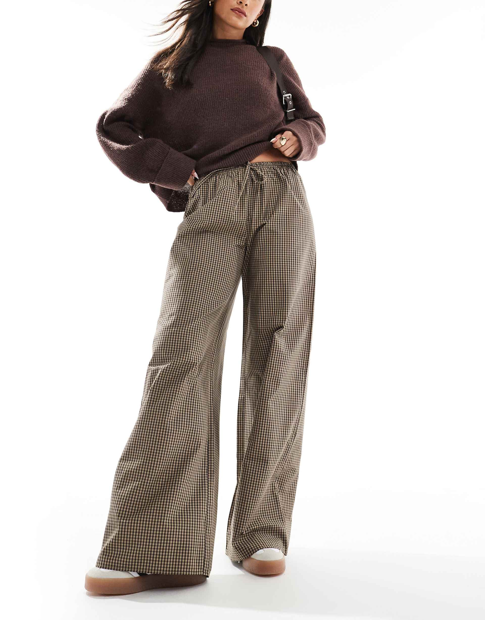 ASOS DESIGN pull on wide leg pants in brown check
