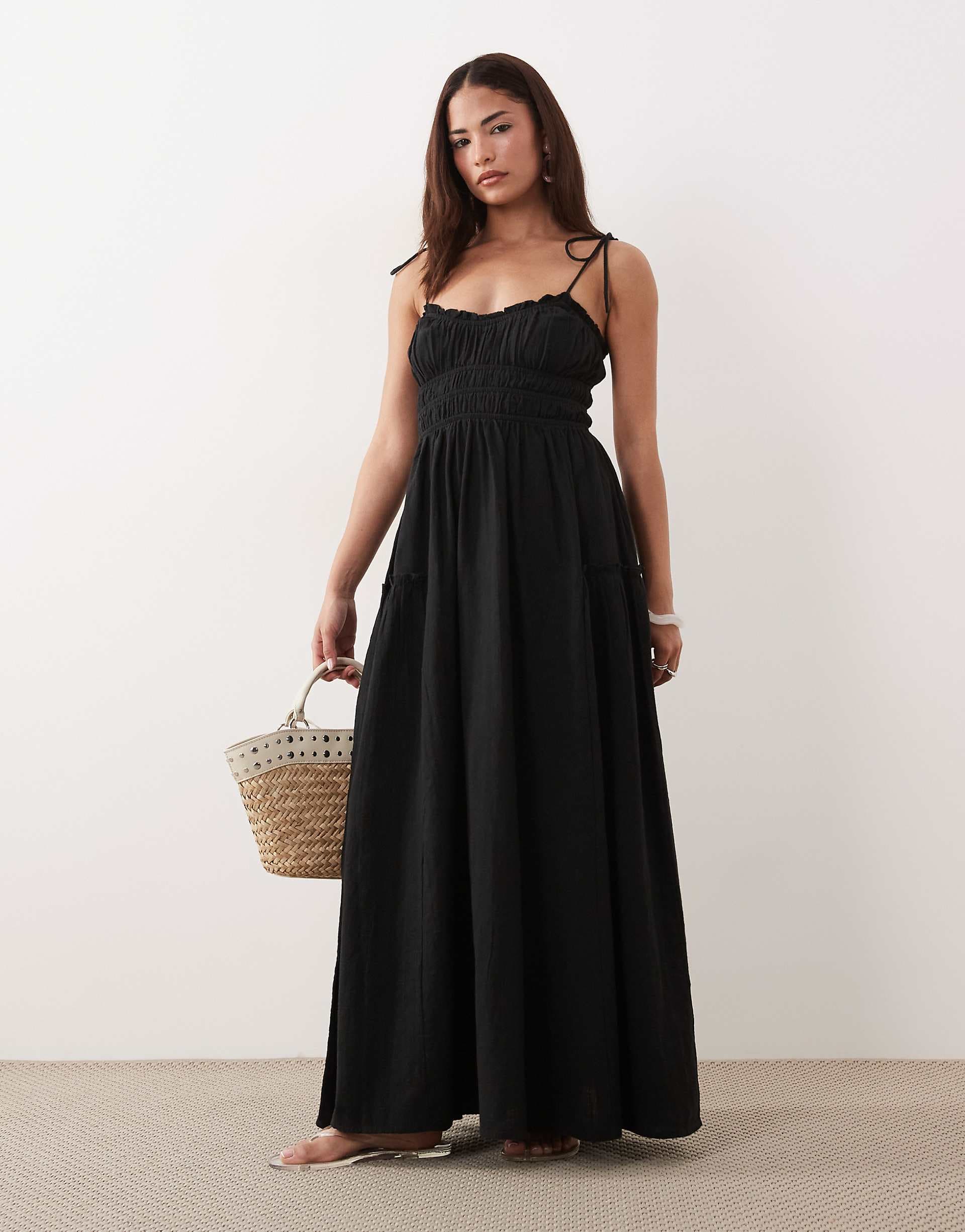 ASOS DESIGN Petite Faith beach shirred maxi dress in black