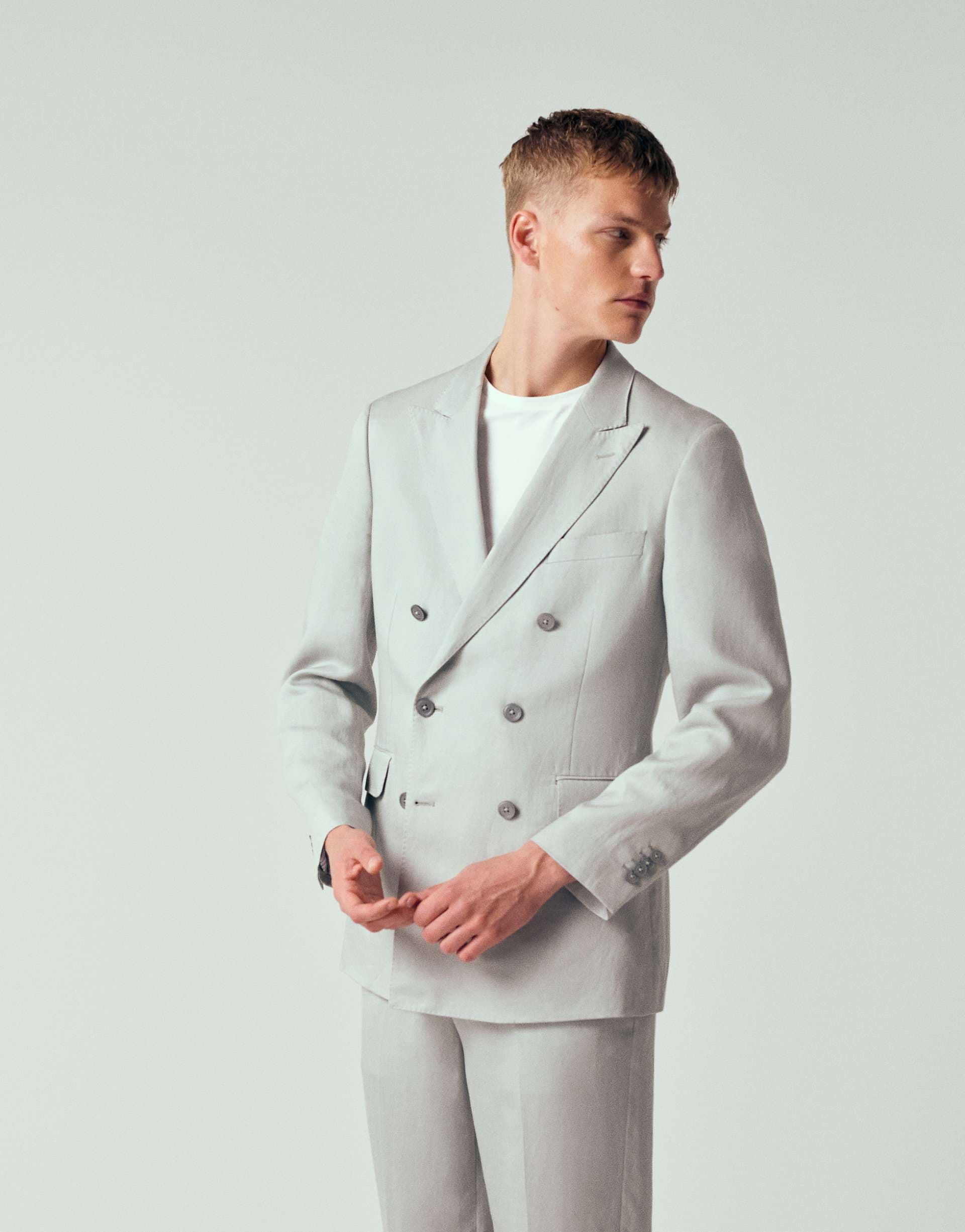 Mango Amalfic linen blend slim fit double breasted suit blazer in pale blue
