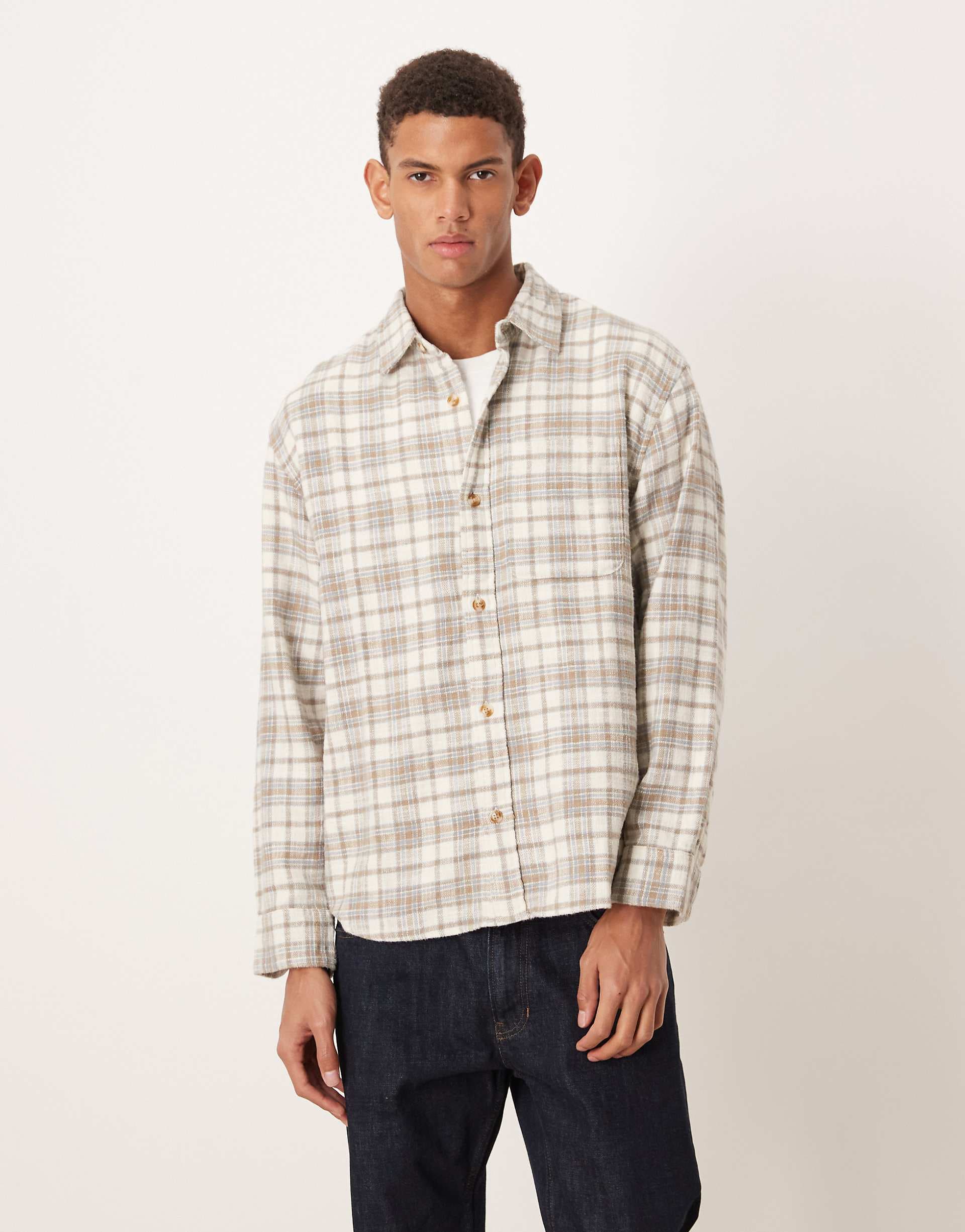 Abercrombie & Fitch long sleeve plaid shirt in beige