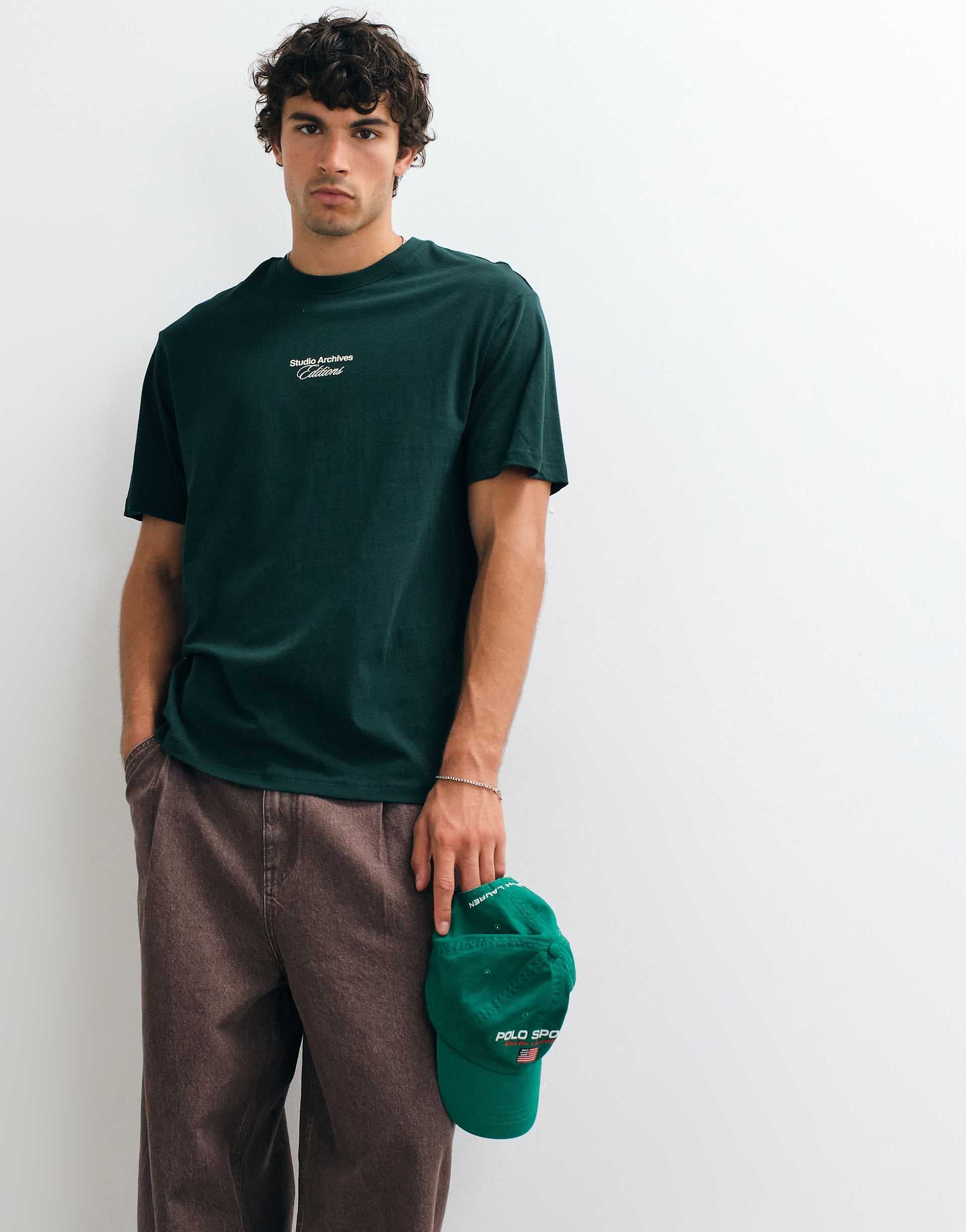 ONLY & SONS oversized fit t-shirt with Studio Archives back and chest print in dark green