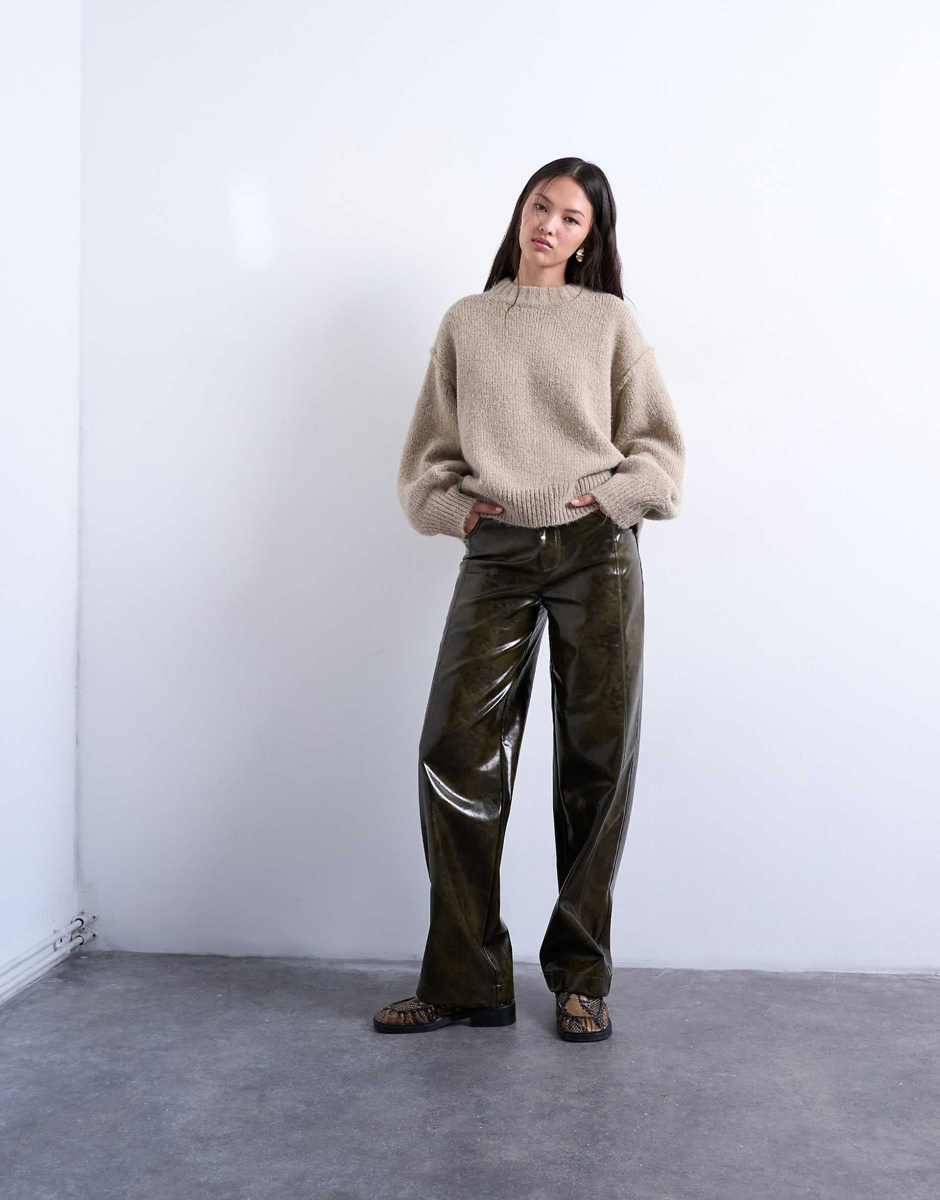 Topshop knit wool blend fluffy exposed seams easy sweater in oat