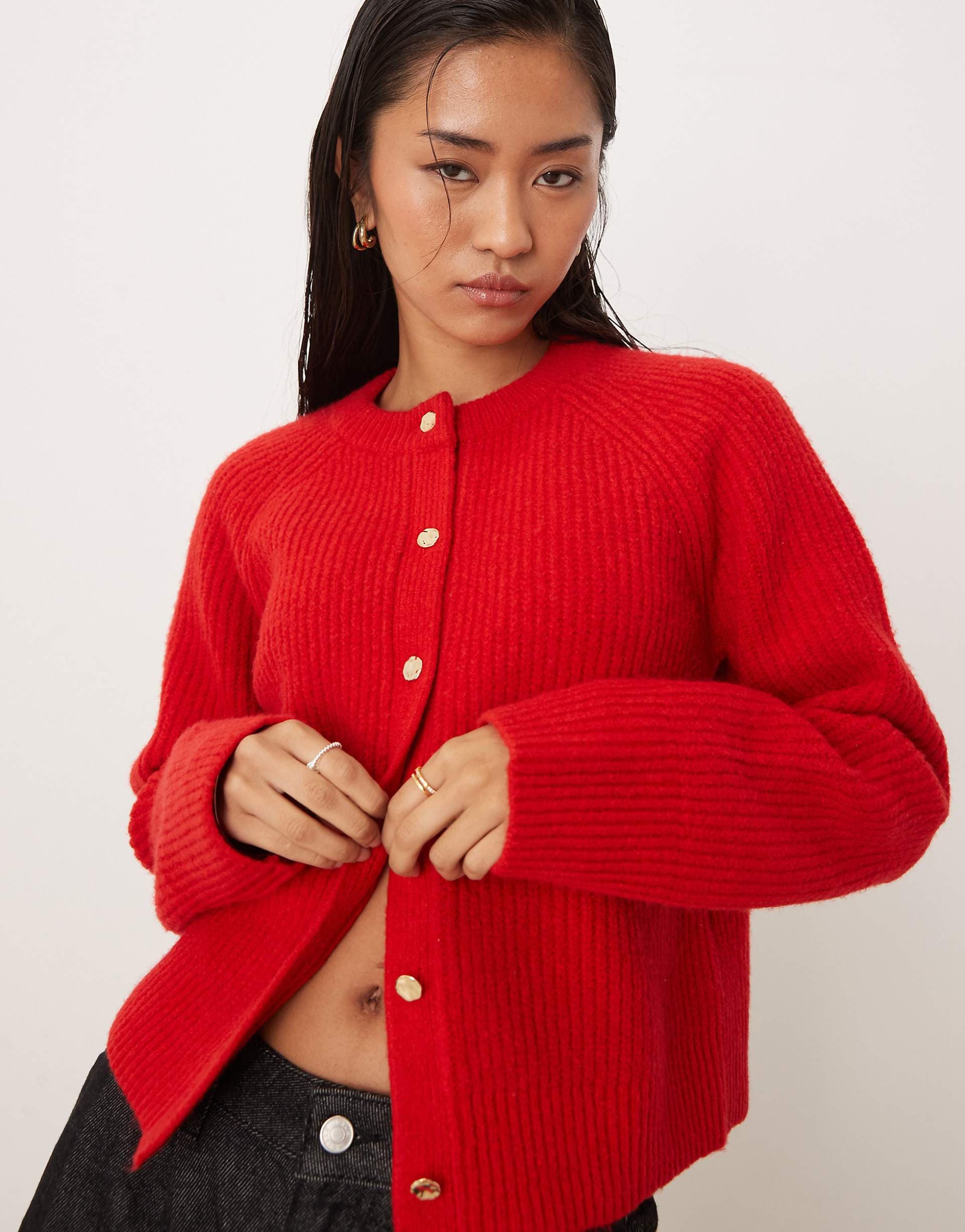 Abercrombie & Fitch crew neck button up cardigan in red