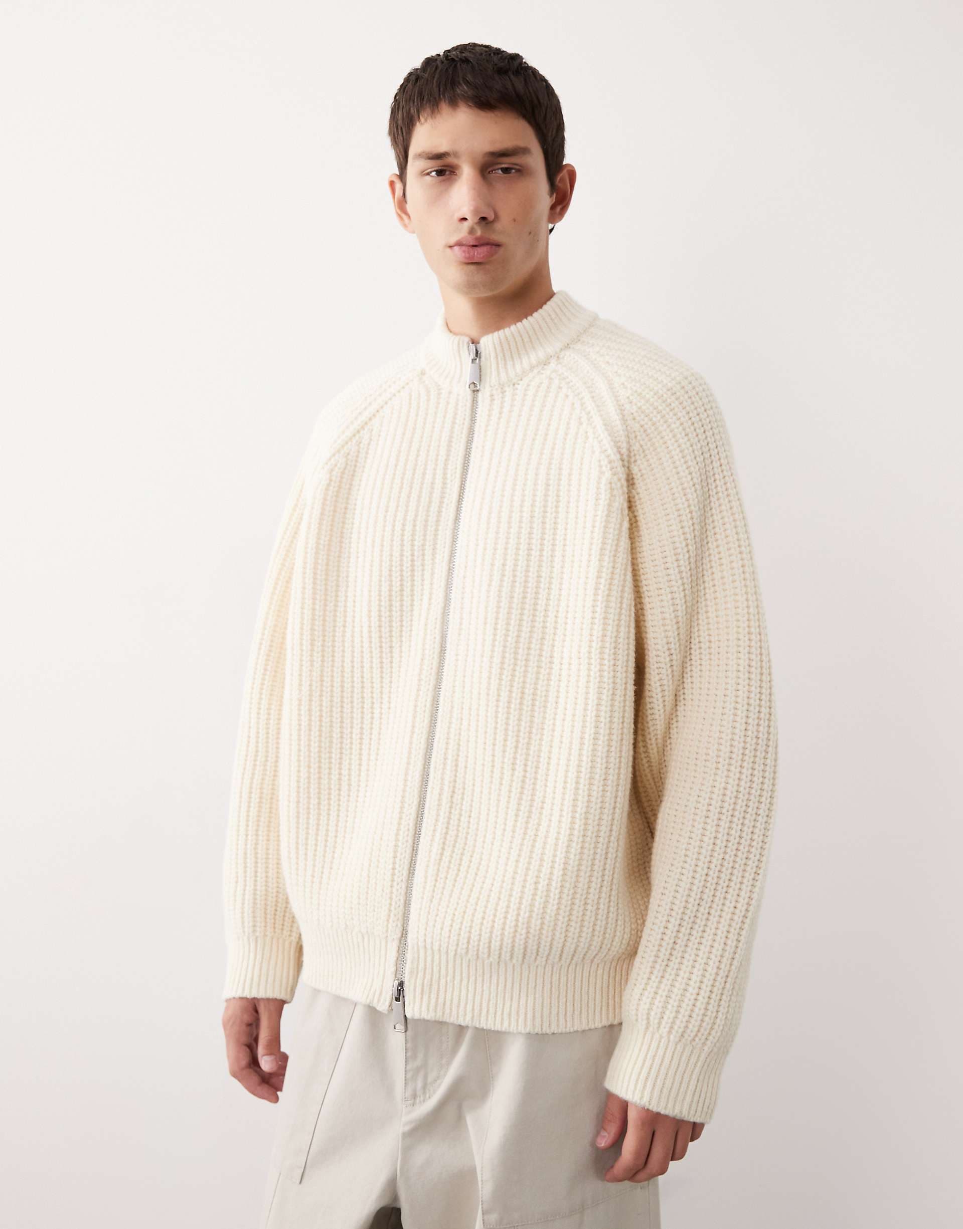 ASOS COLLECTIVE oversized knitted zip through wool rich cardigan in ecru