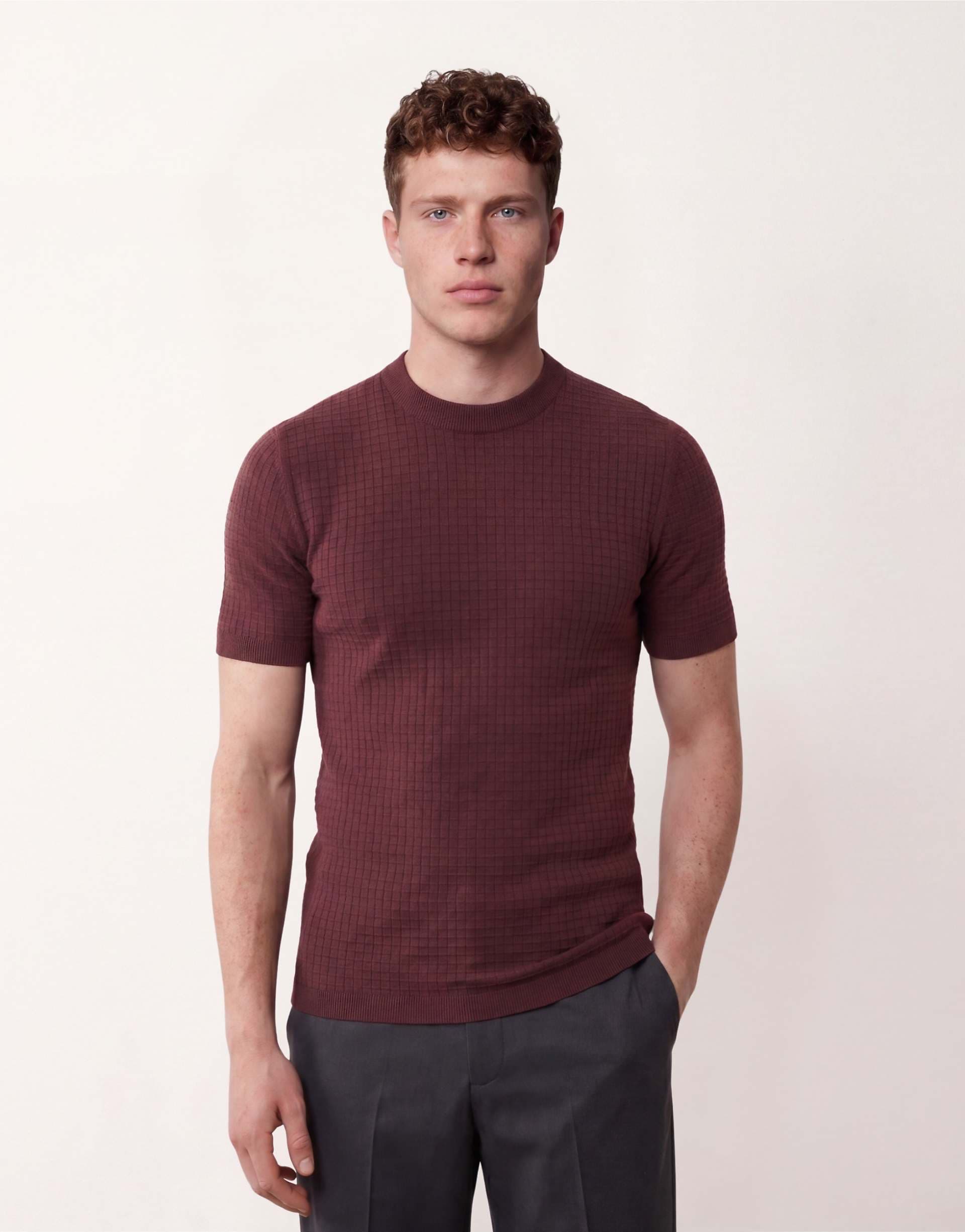 ASOS DESIGN muscle fit short sleeve knit waffle crew neck T-shirt in burgundy