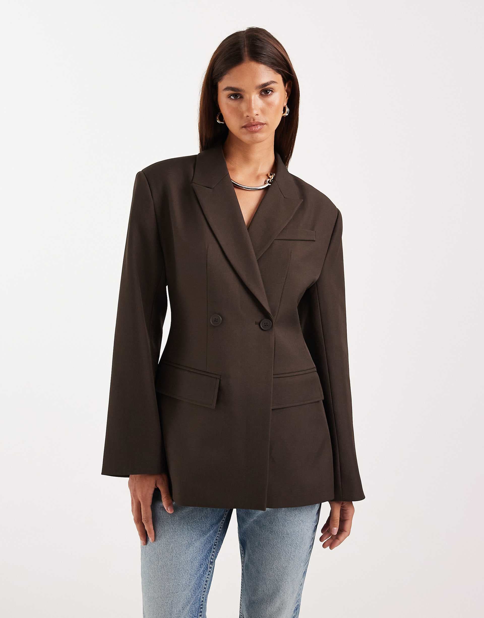 Gina Tricot shaped blazer with padded shoulders in dark brown