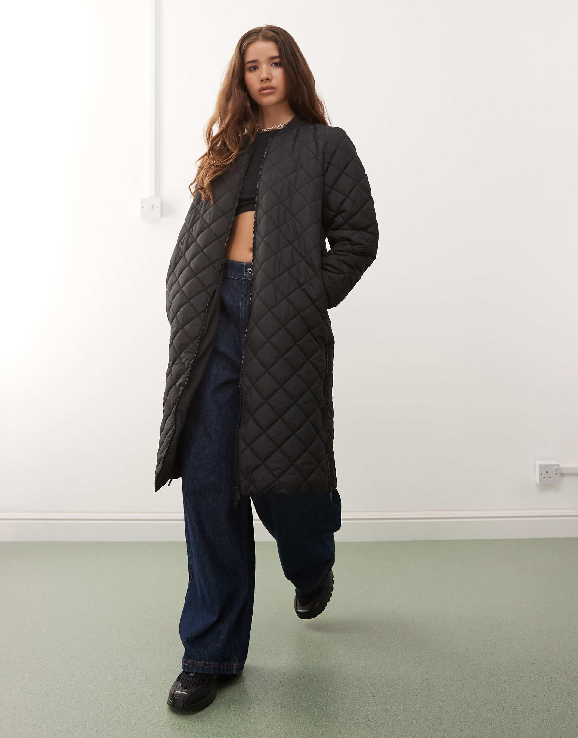 Noisy May longline quilted jacket in black