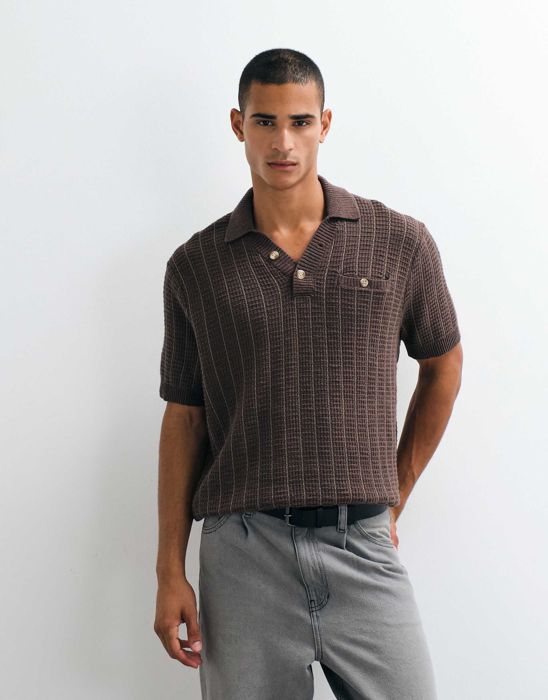 Abercrombie & Fitch knit button up polo shirt in brown