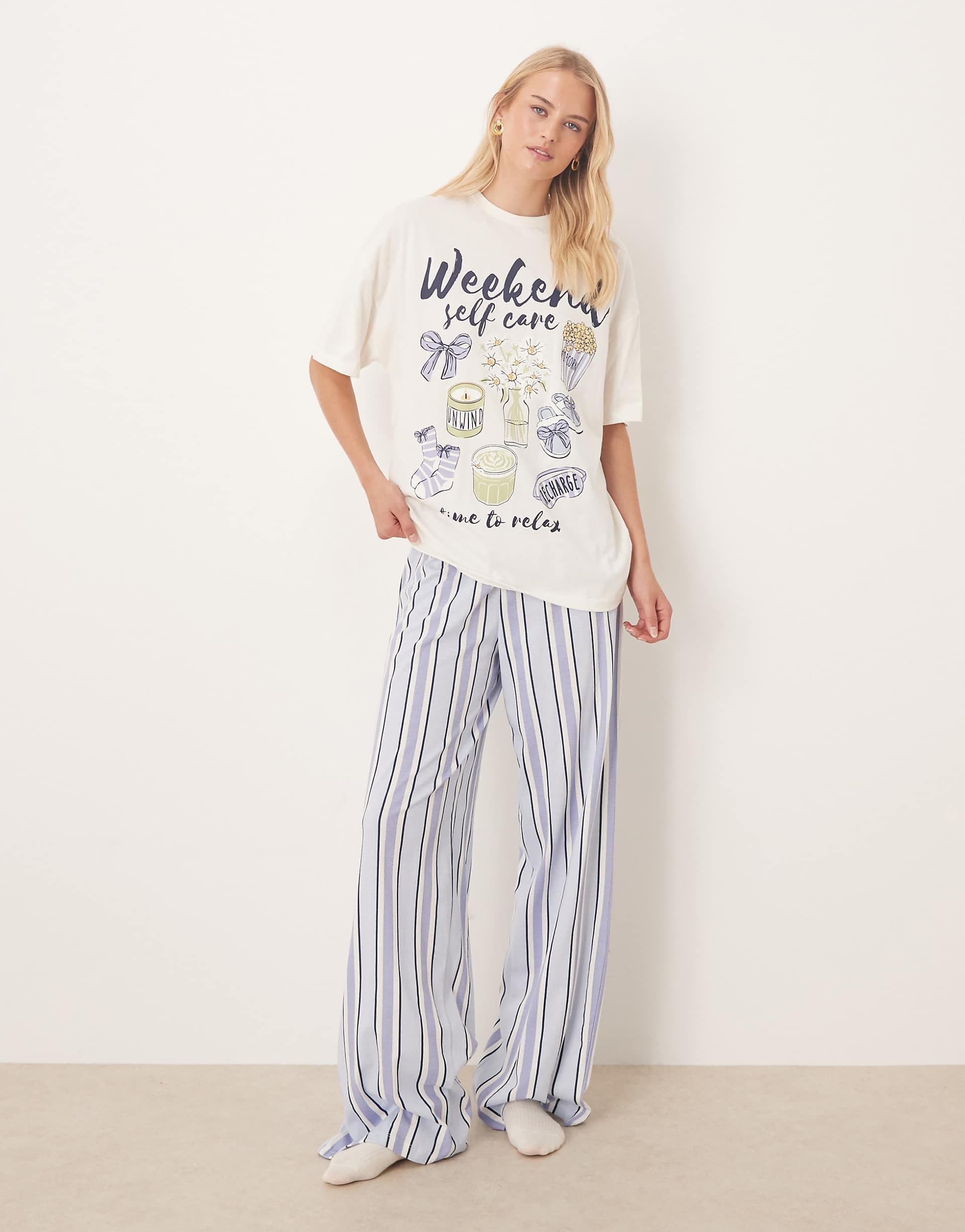 ASOS DESIGN Tall oversized tee & wide leg pants pajama set with Weekend Self Care graphic