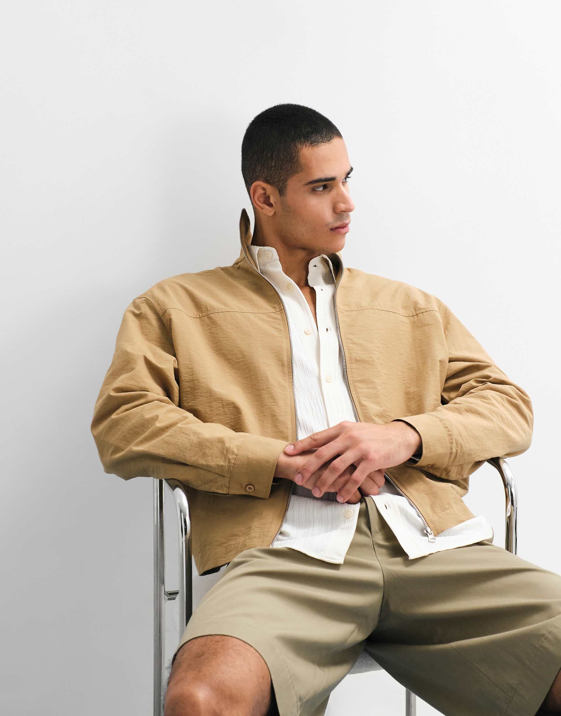 ASOS DESIGN boxy oversized zip up funnel neck jacket in tan