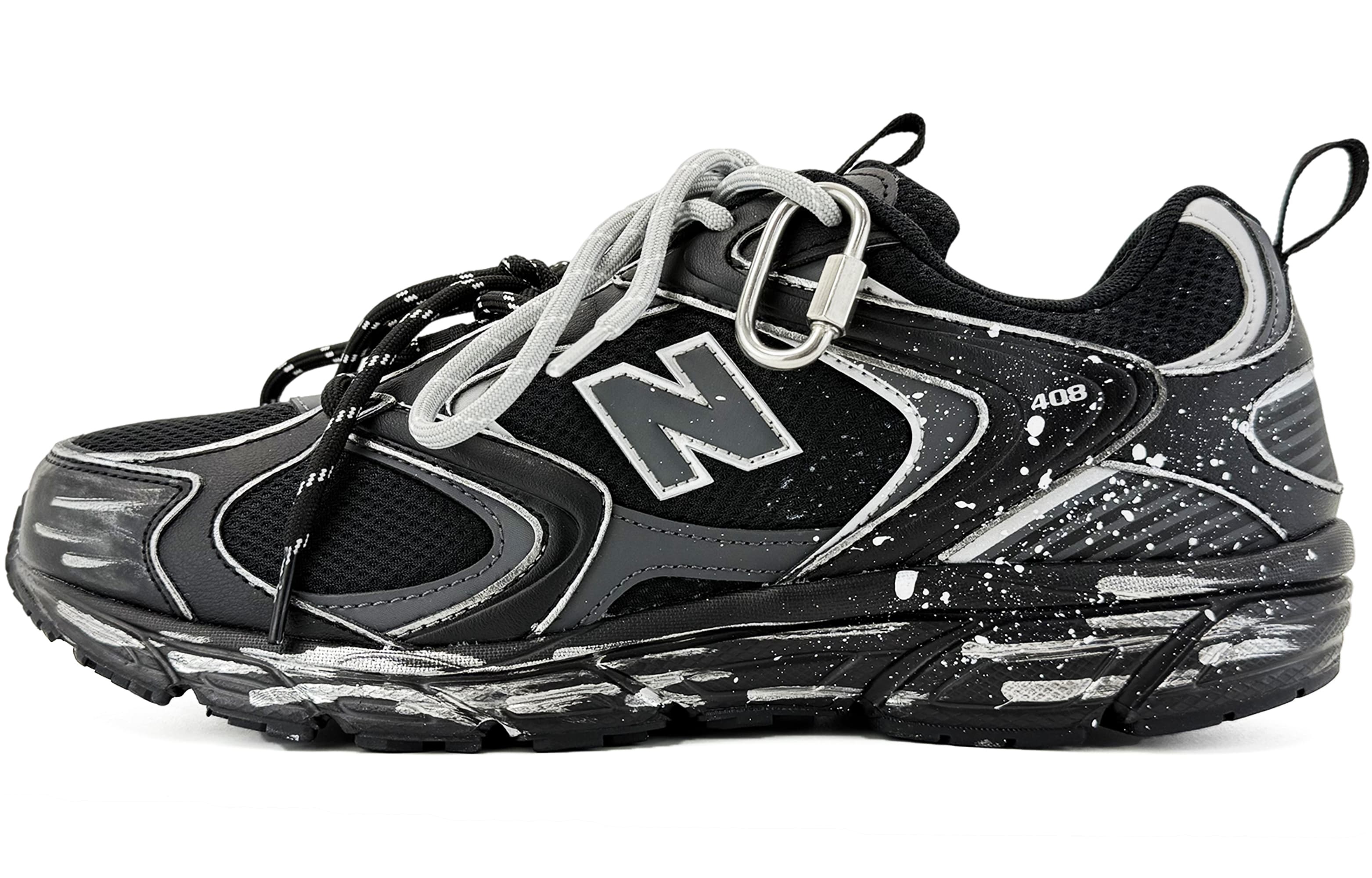 Custom Sneakers New Balance 408 'As Wished' 'Liquid Pioneer' Splatter Paint Deconstruction Trendy Cushion Wear-Resistant Low-Top Running Shoes Unisex Black Silver