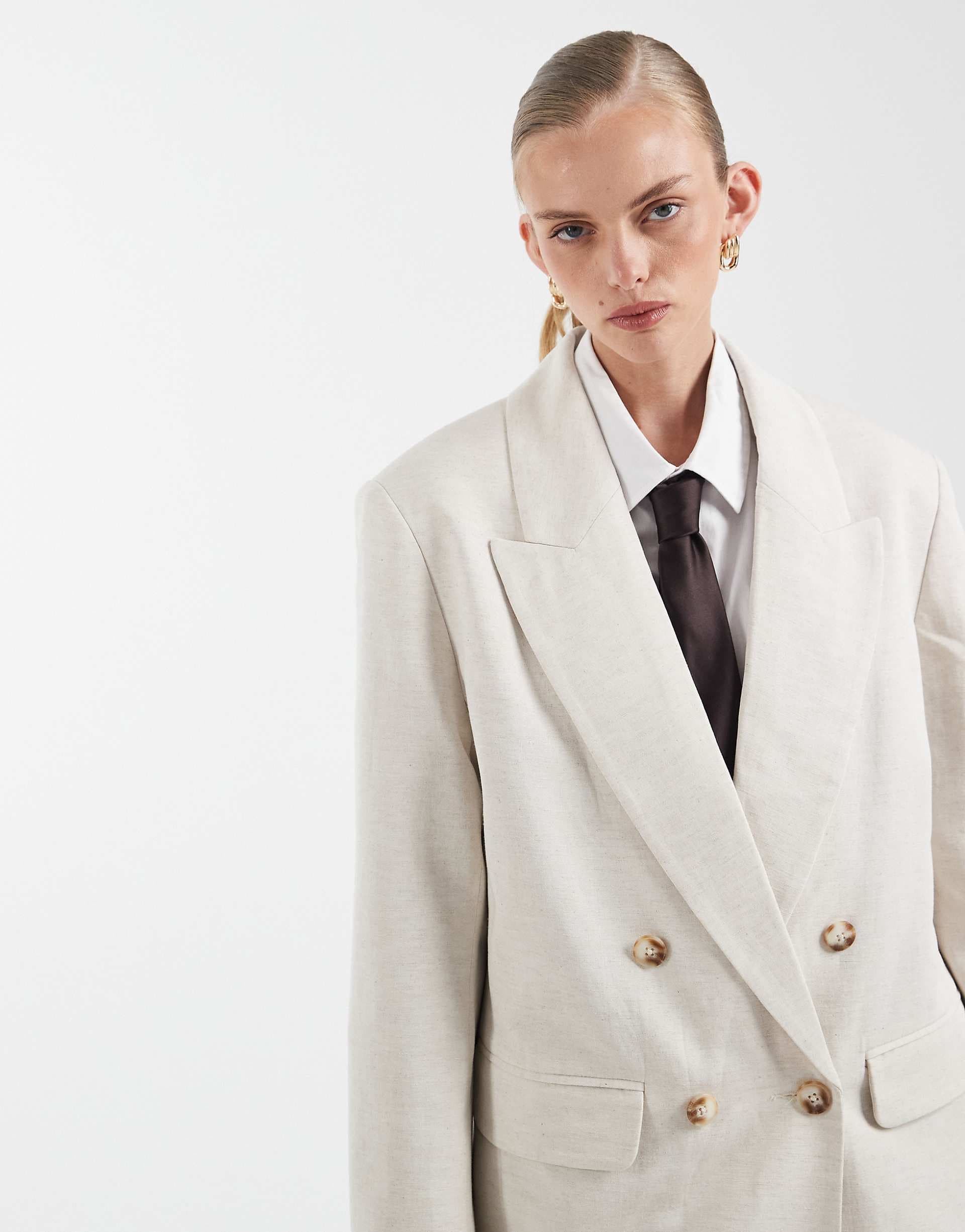 ASOS DESIGN tailored double breasted blazer with linen in natural