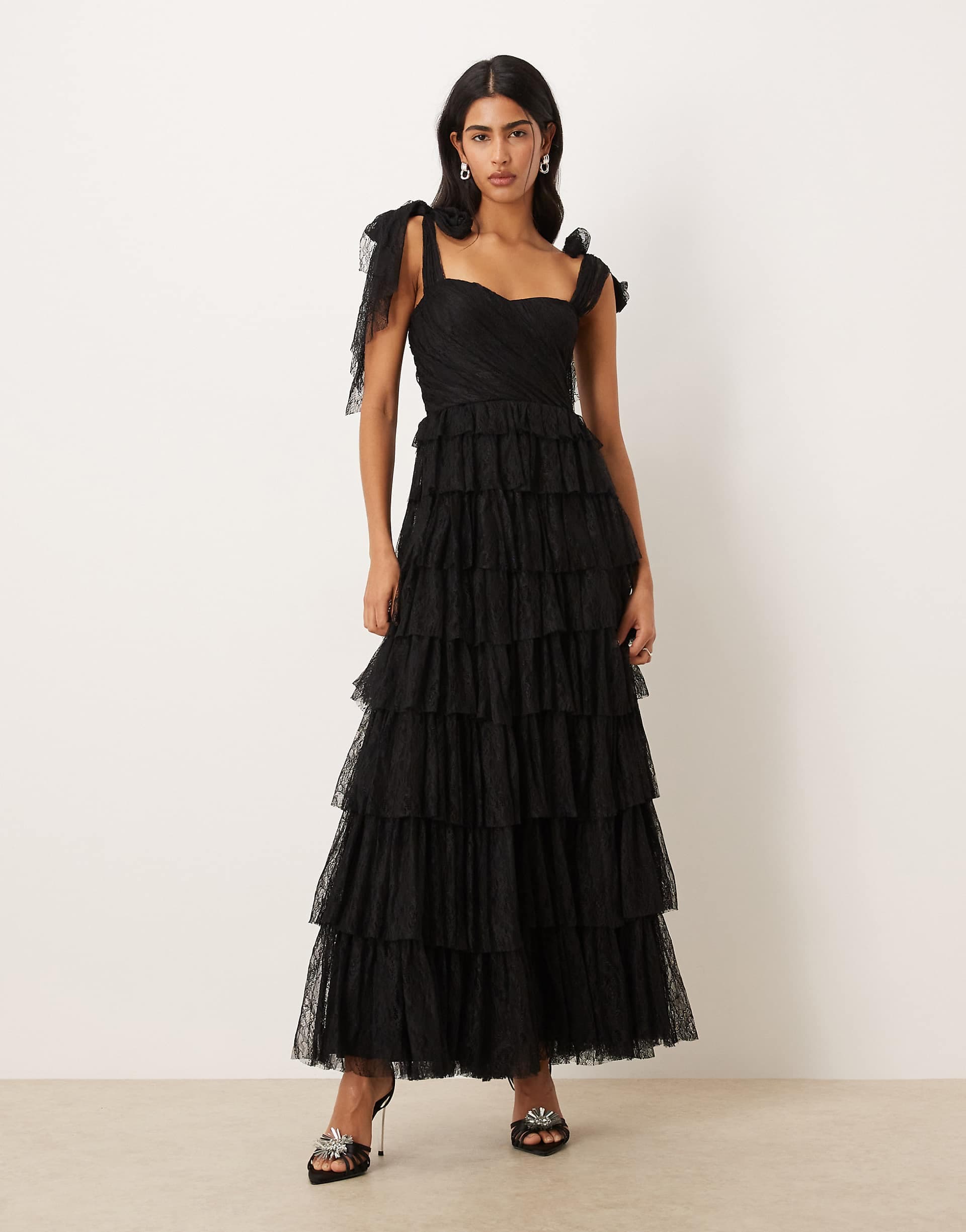 Lace & Beads lace bow shoulder tiered maxi dress in black