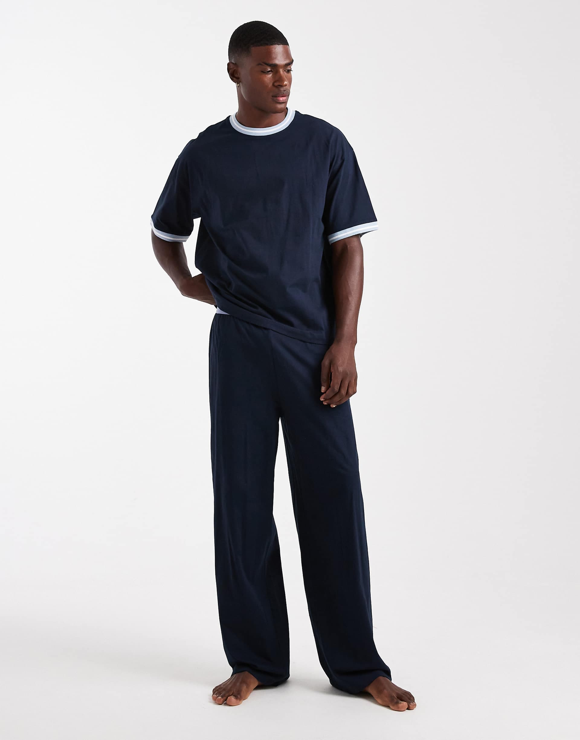 ASOS DESIGN pajama set with wide leg pant and contrast binding in navy