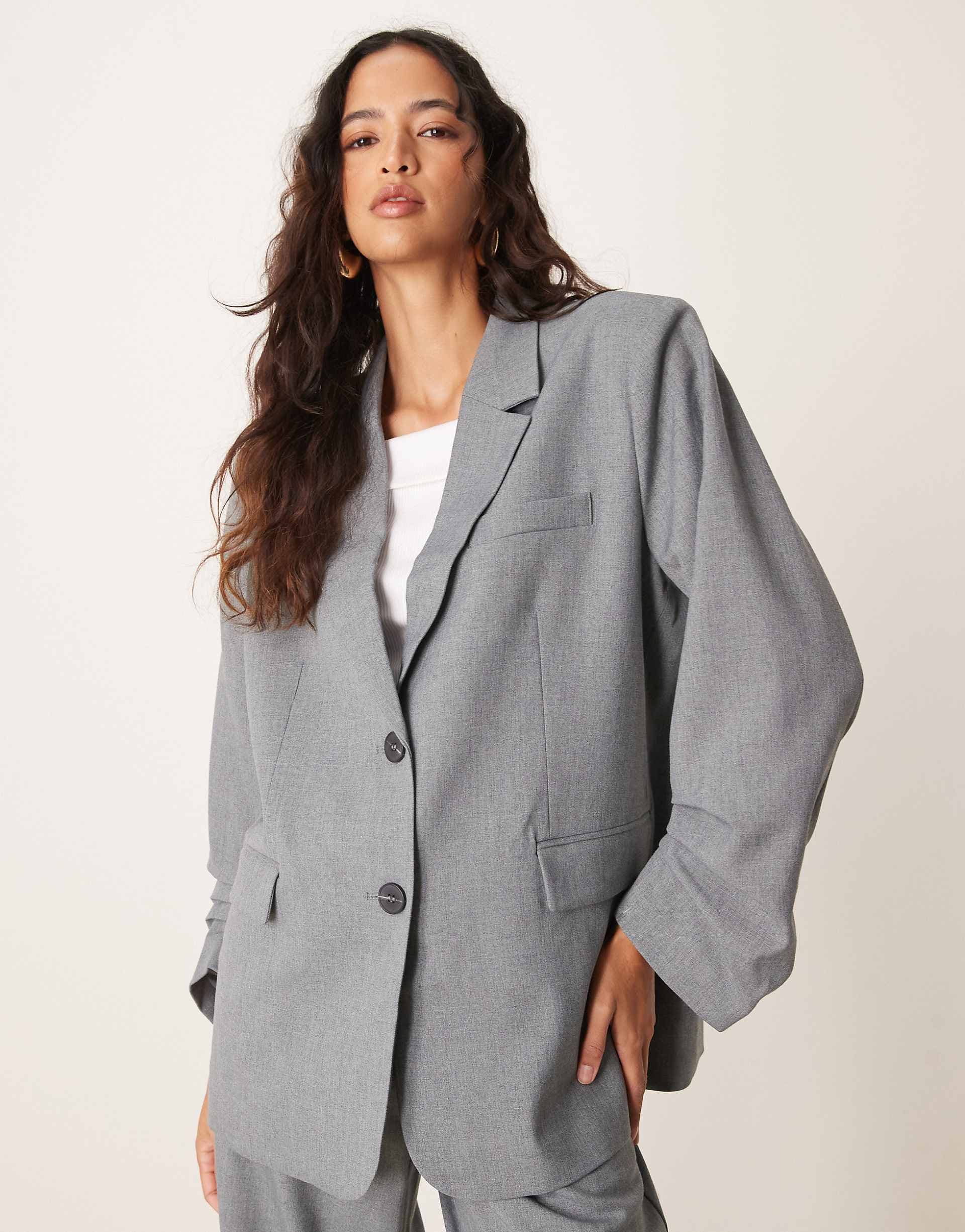 YAS oversized ruched sleeve detail blazer in medium gray melange - part of a set