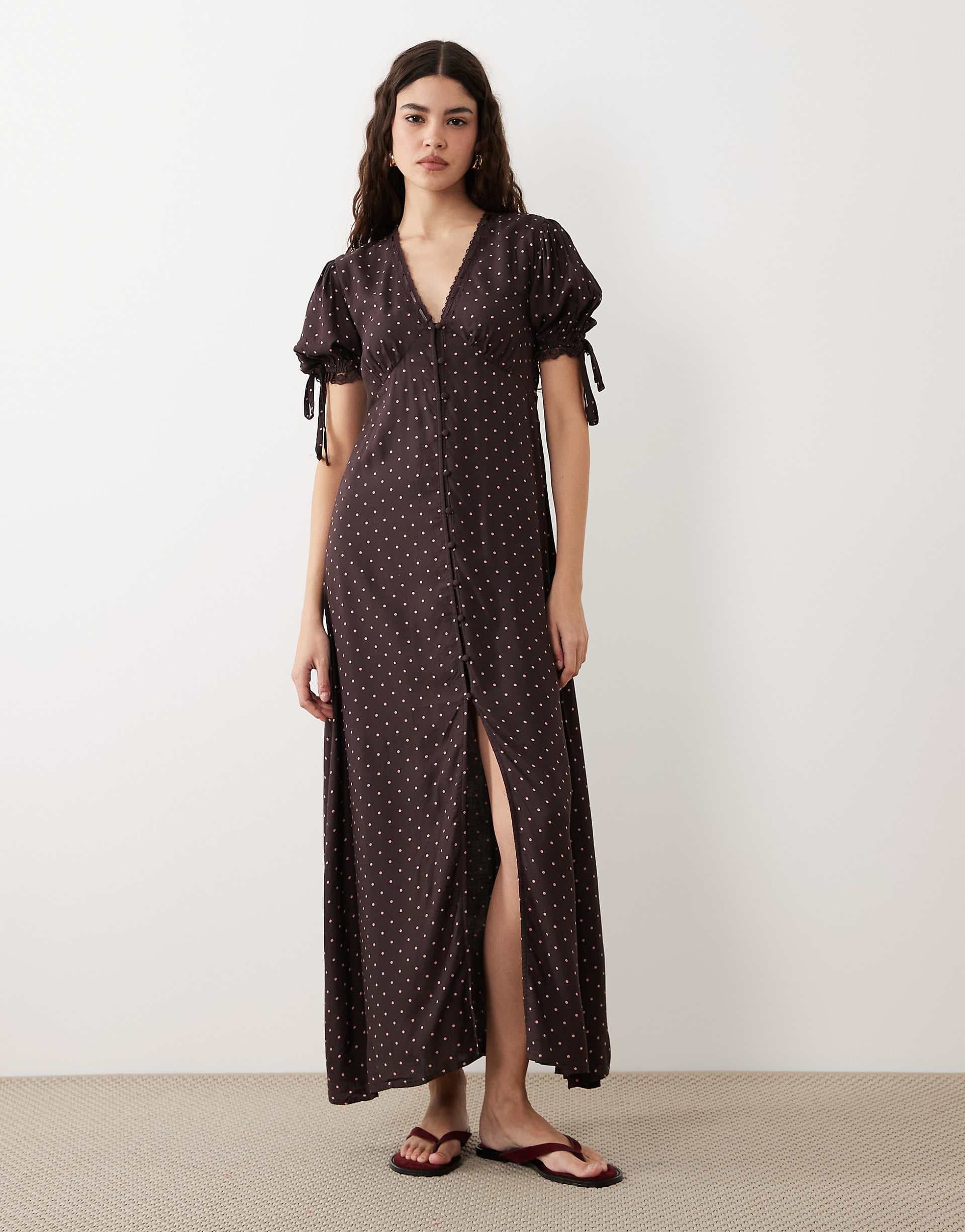 Miss Selfridge spun button up maxi tea dress in polka dot