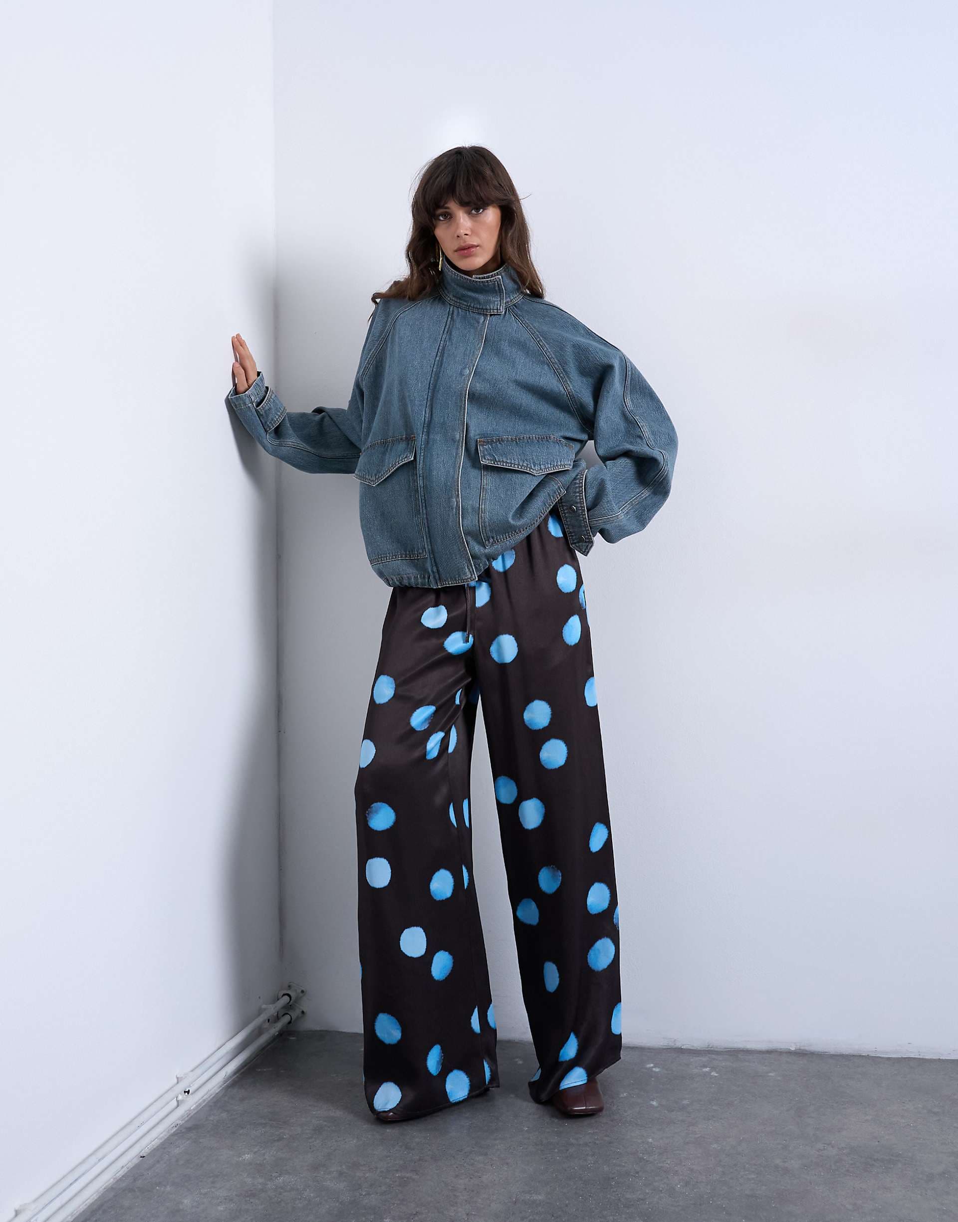Topshop satin wide leg with tie waist pants in polka dot