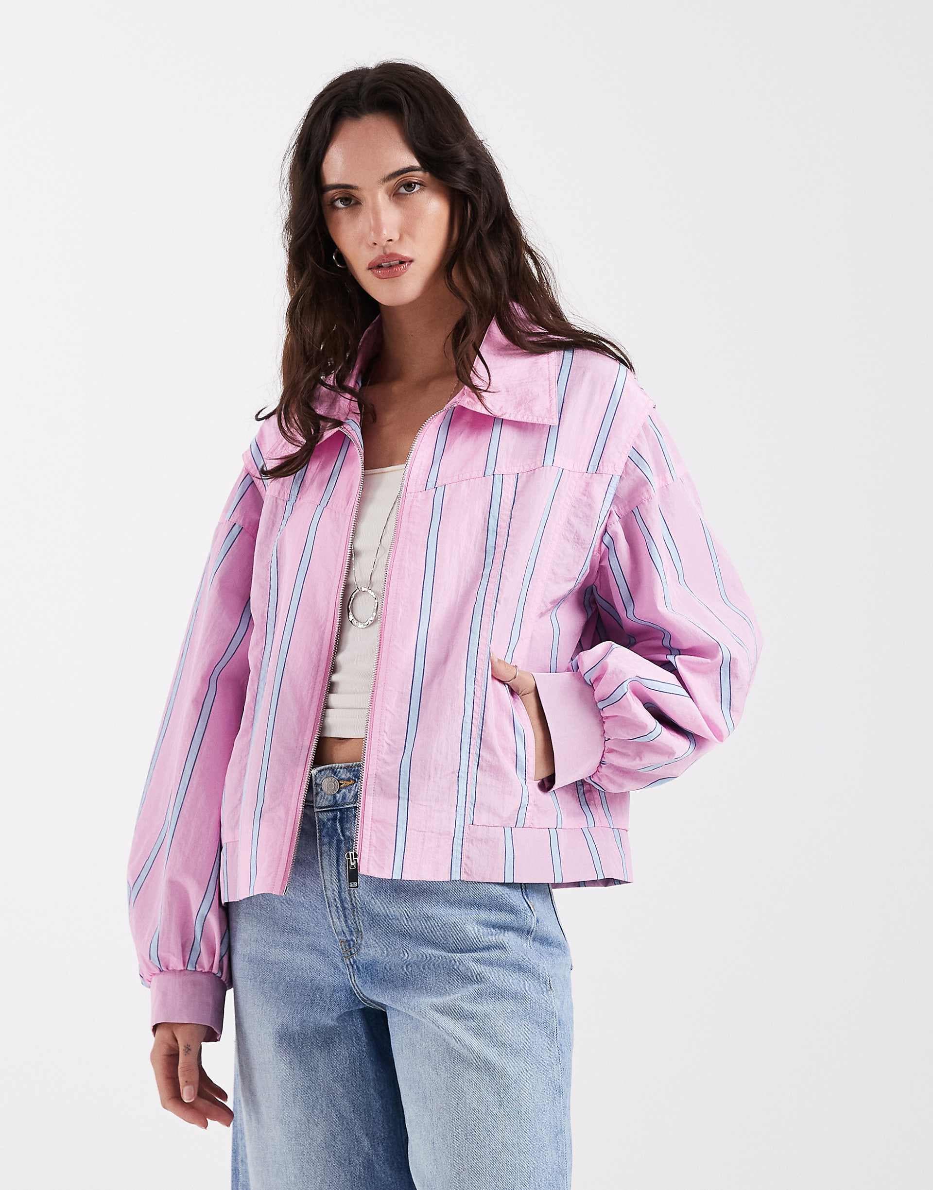 Laagam Watson striped bomber jacket in pink and blue