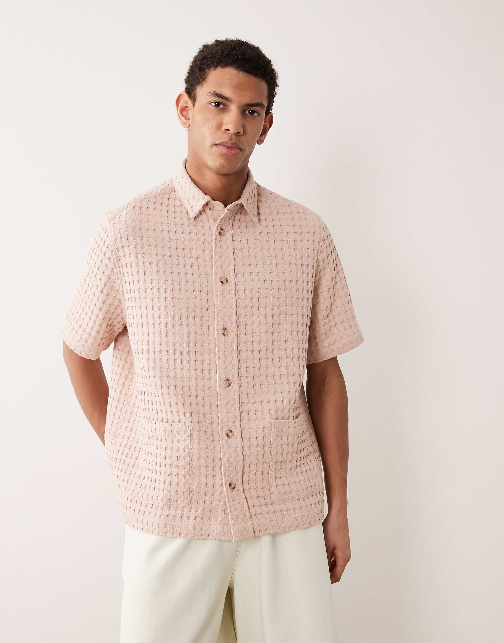 ASOS DESIGN premium relaxed waffle texture shirt in pink