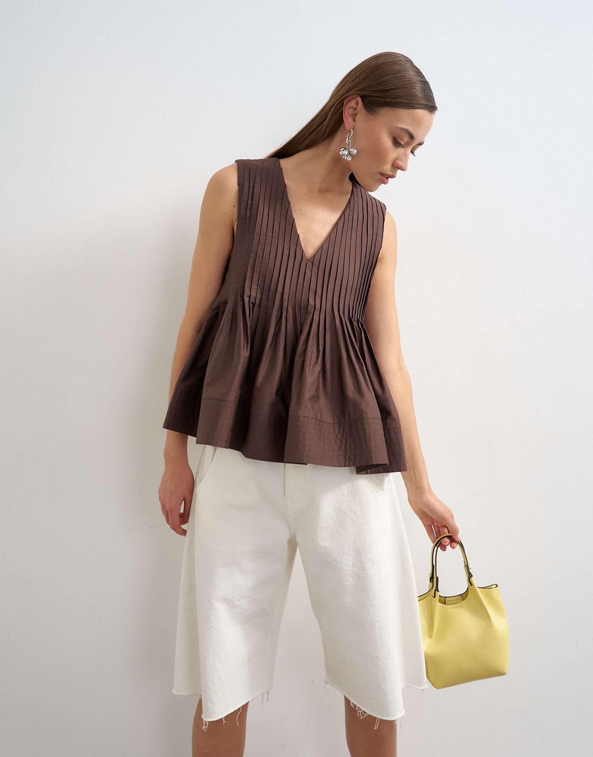 Topshop V-neck pintuck detail A-line top in chocolate