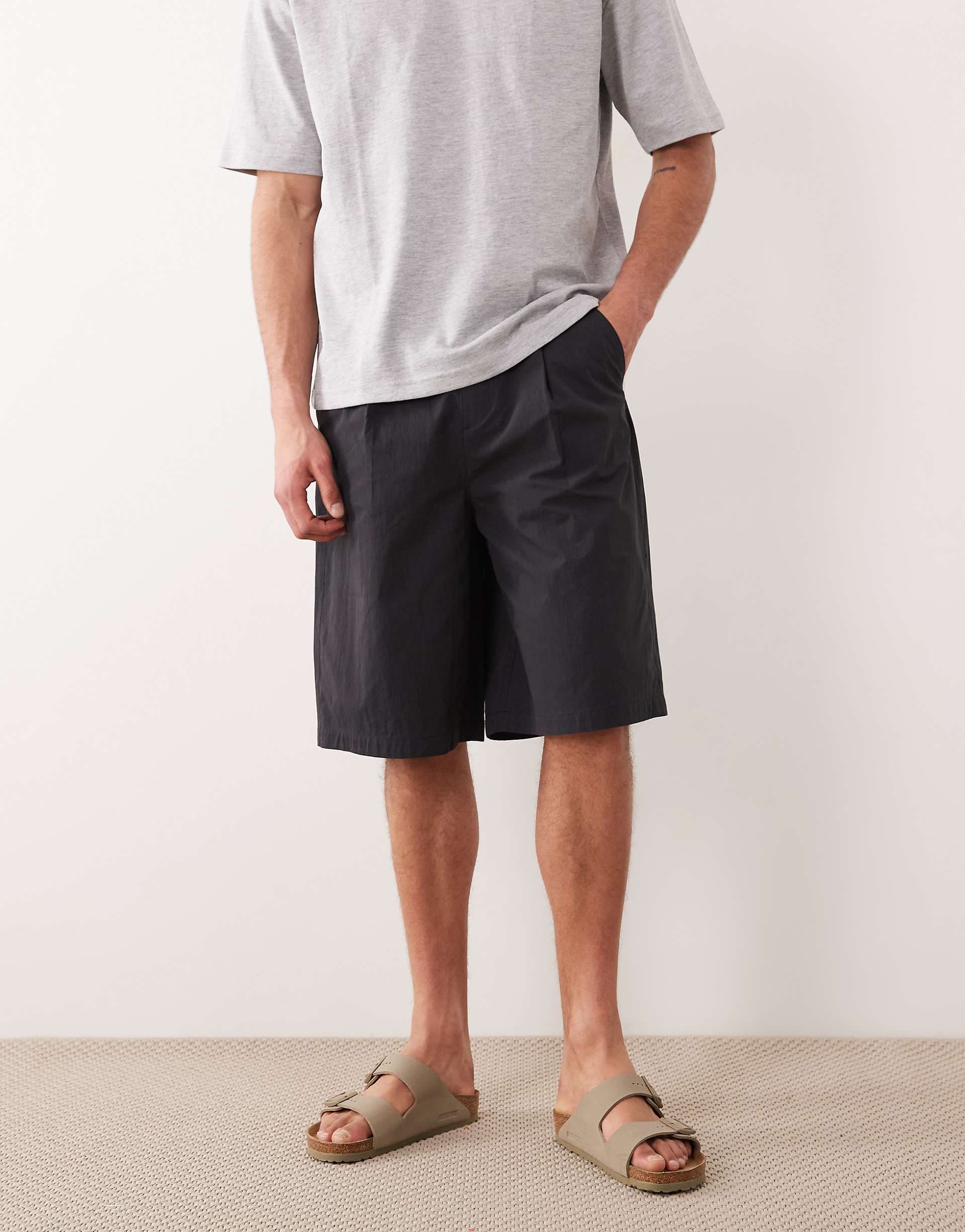 ASOS DESIGN longer length elasticized jorts with pleats in black