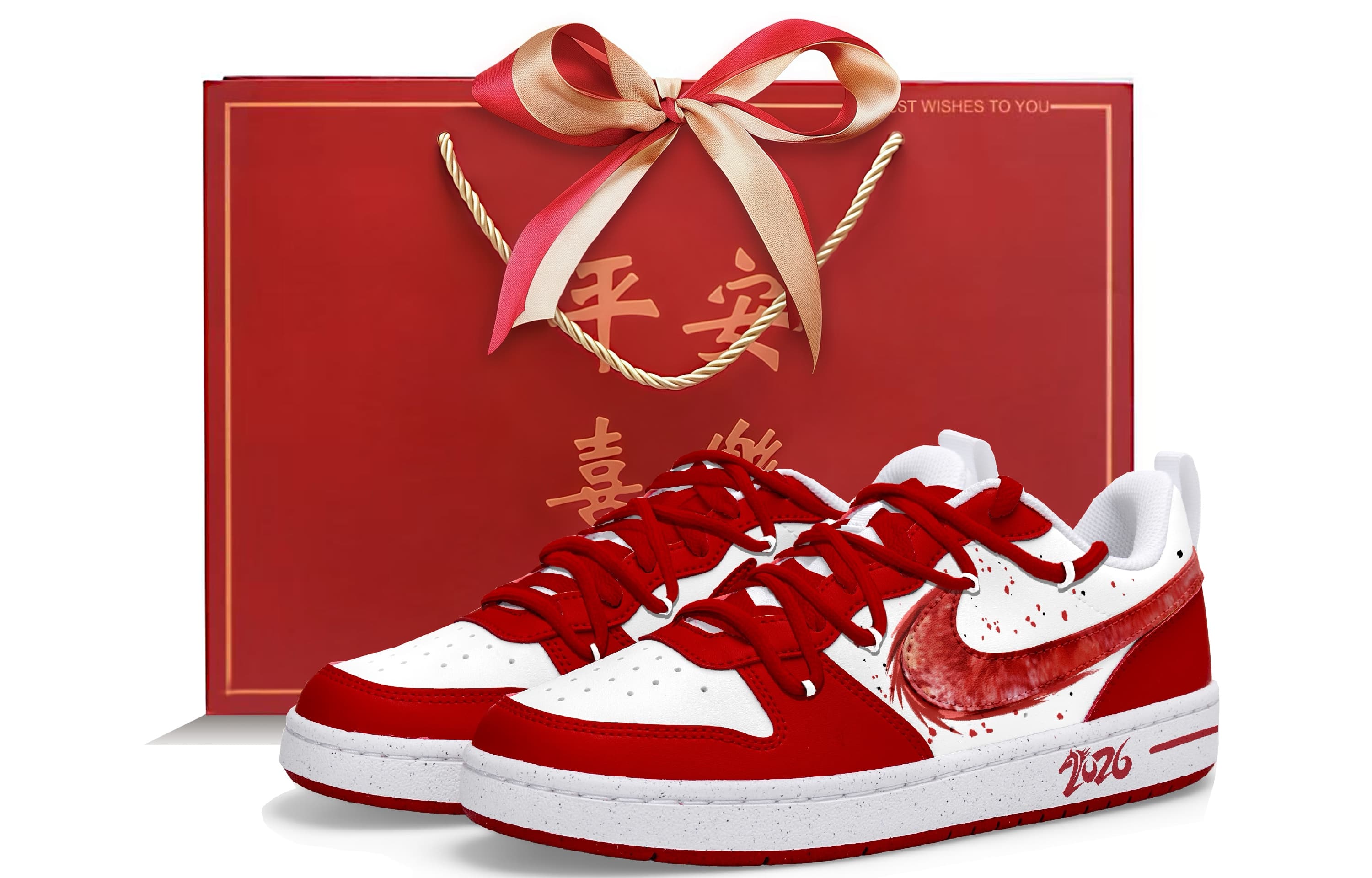 Custom SneakersNike Court Borough 2 OKHR Lucky Horse Year Distressed Deconstructed Style Gift Bag Wedding Shoes Splatter Ink 2026 New Year Red Lines Trendy Versatile Low-Top Kids Skate Shoes Girls Red