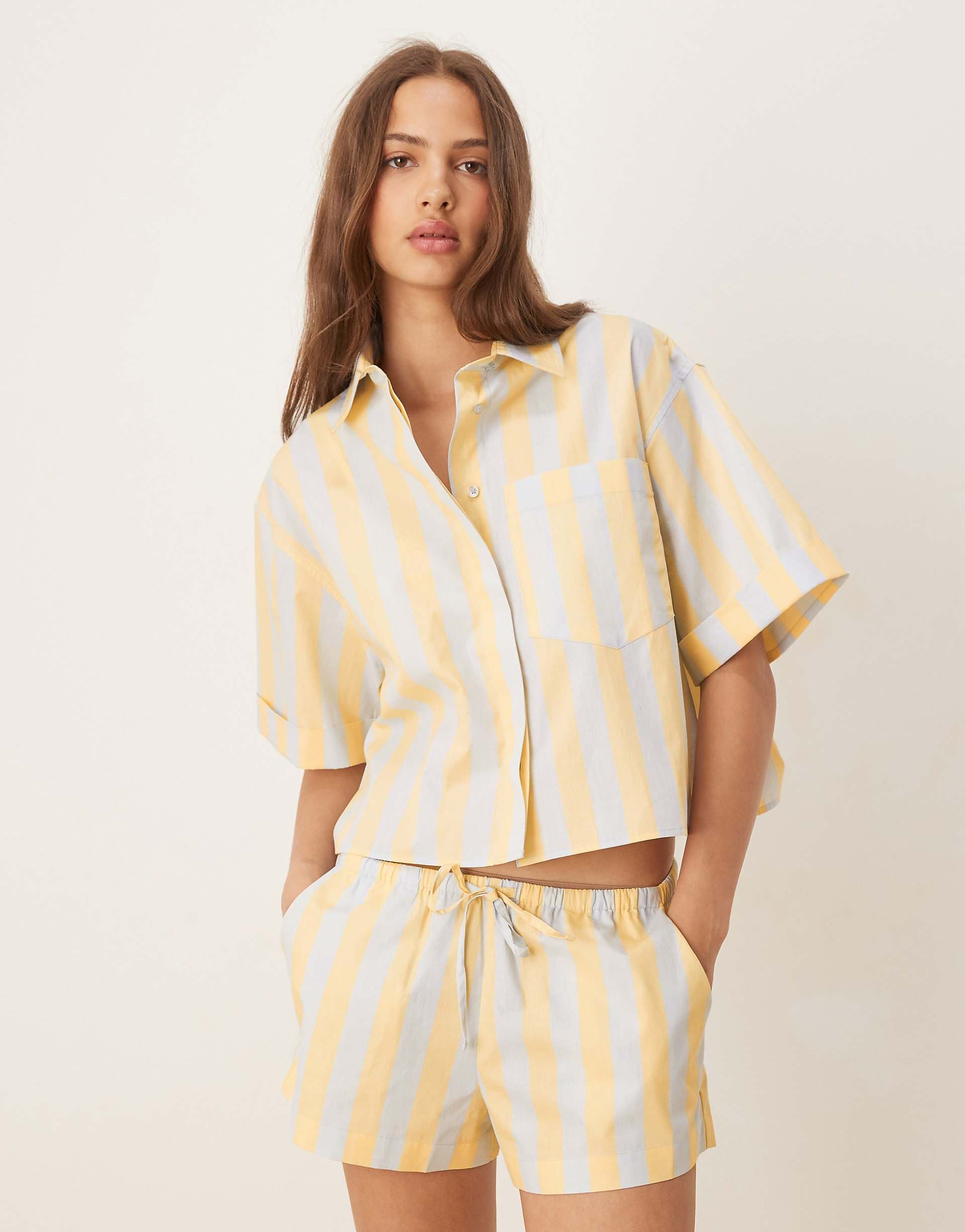 ASOS DESIGN mix & match woven oversized short sleeve pajama shirt in blue and buttermilk stripes
