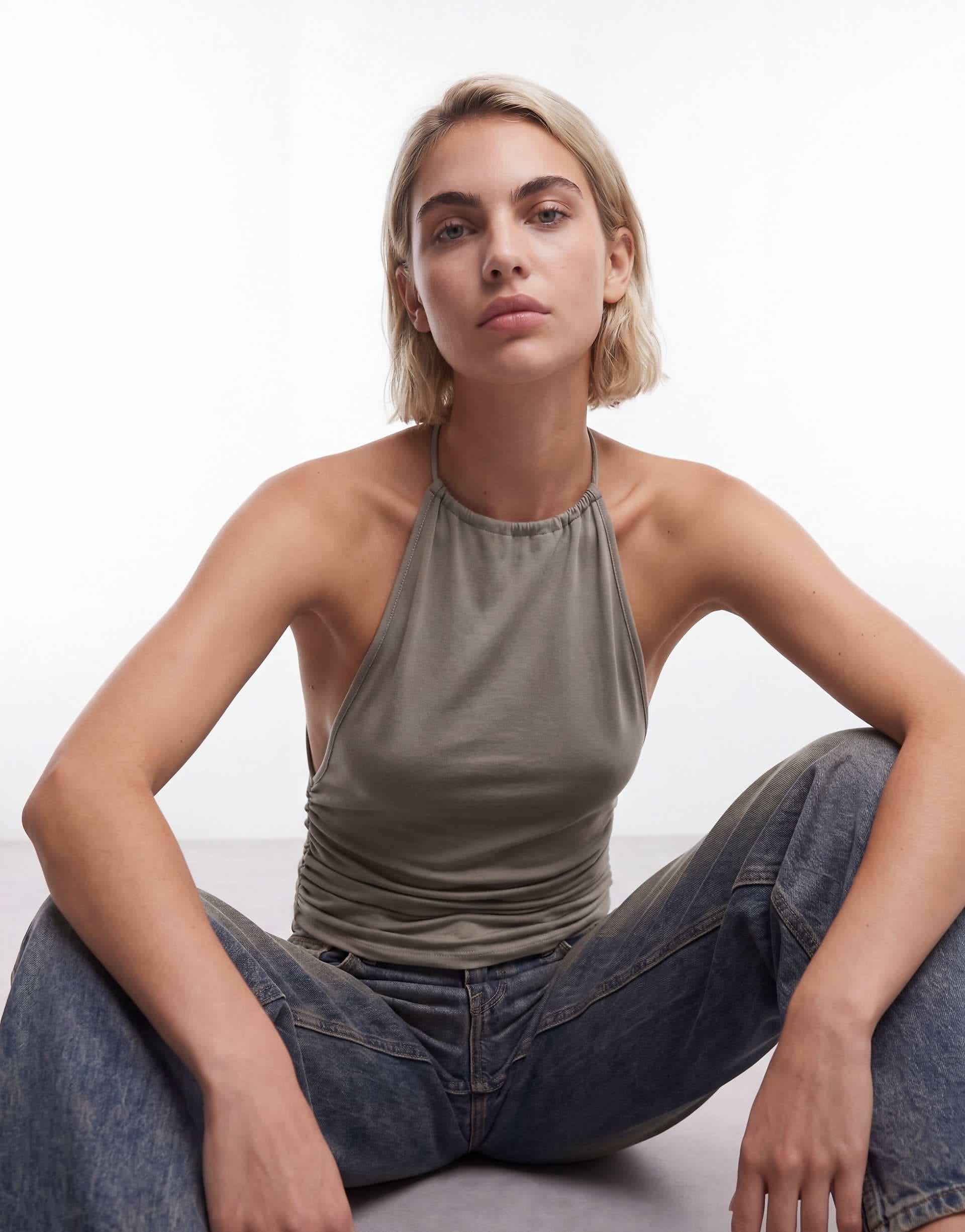 Weekday ruched halter neck top with open back in light khaki